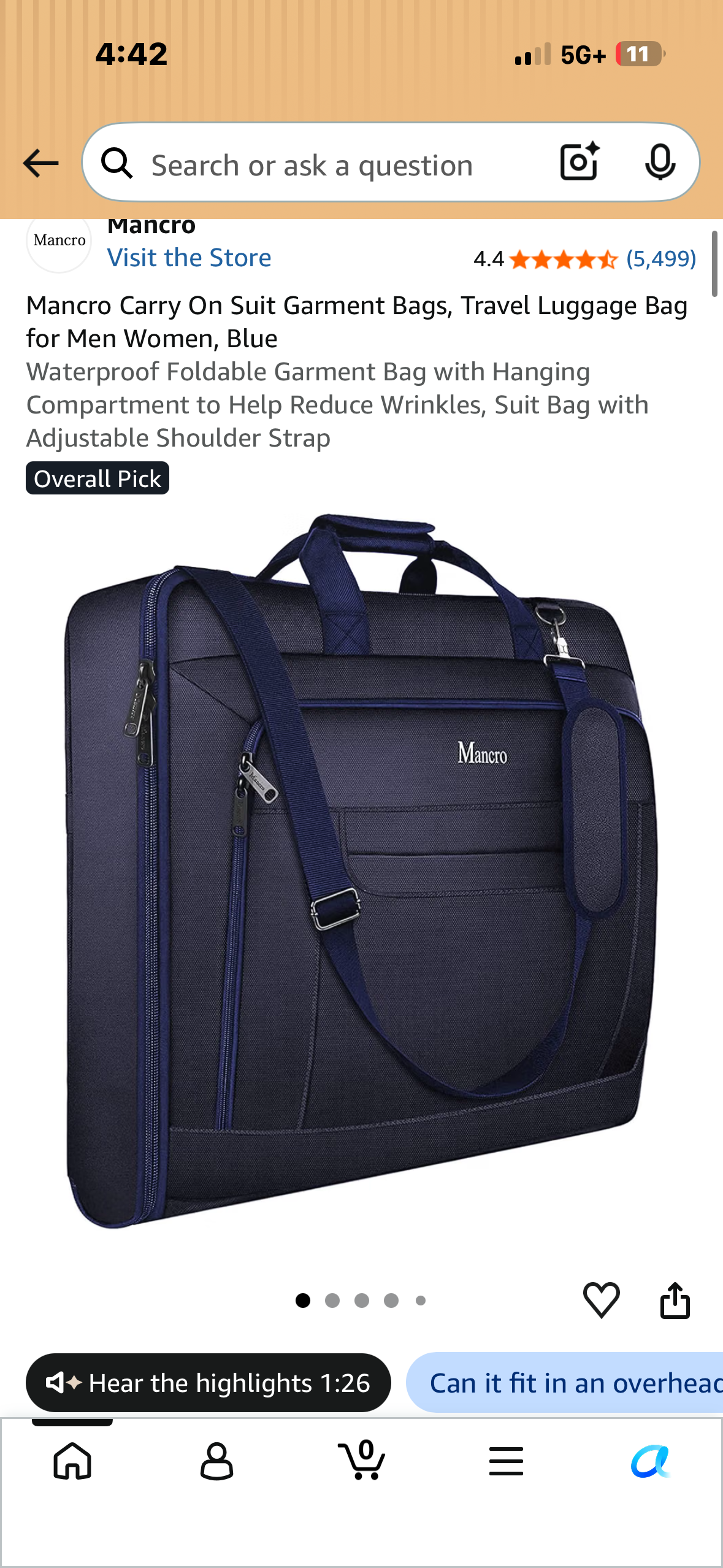 Mancro Carry On Suit Garment Bag, Black Waterproof Foldable Garment Bag with Hanging Compartment to Help Reduce Wrinkles, Suit Bag with Adjustable Shoulder Strap