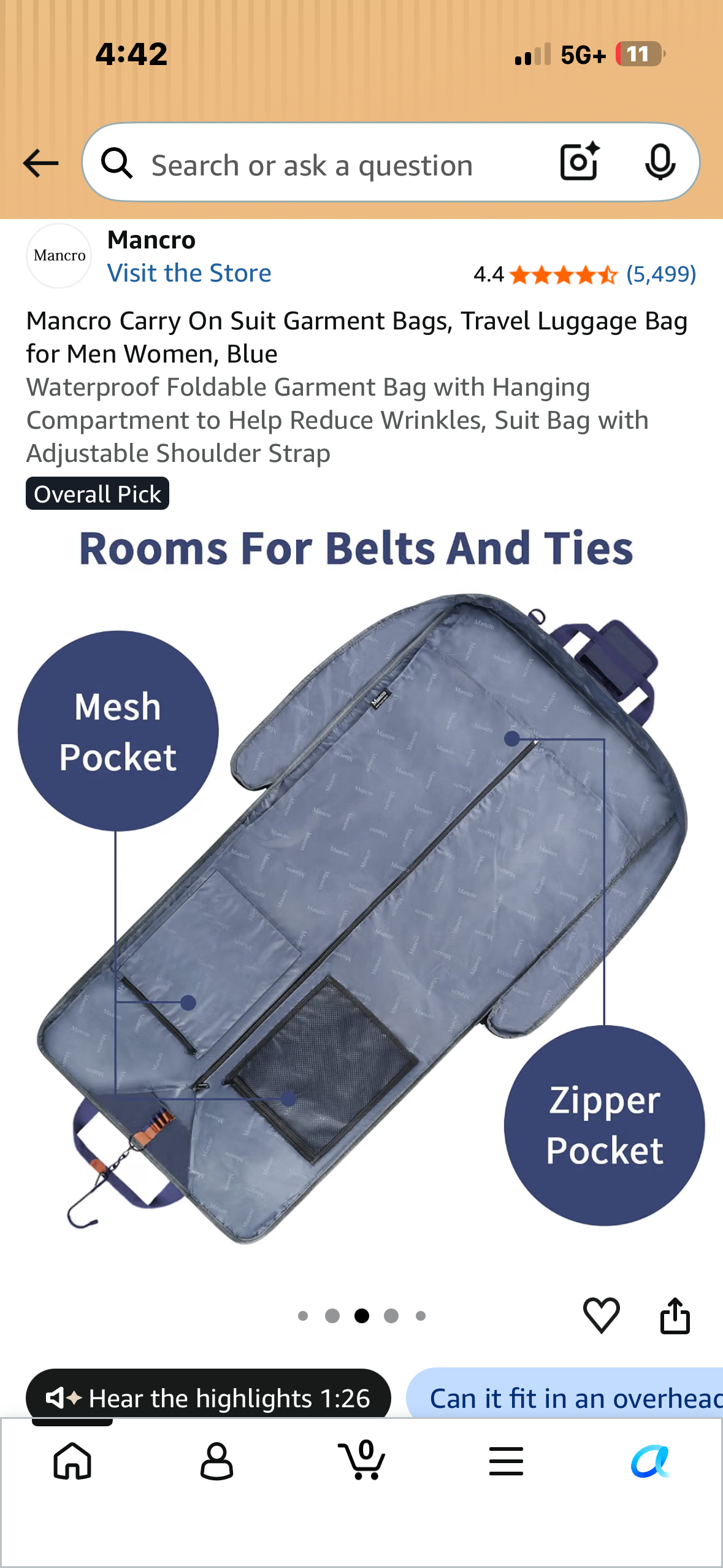 Mancro Carry On Suit Garment Bag, Black Waterproof Foldable Garment Bag with Hanging Compartment to Help Reduce Wrinkles, Suit Bag with Adjustable Shoulder Strap