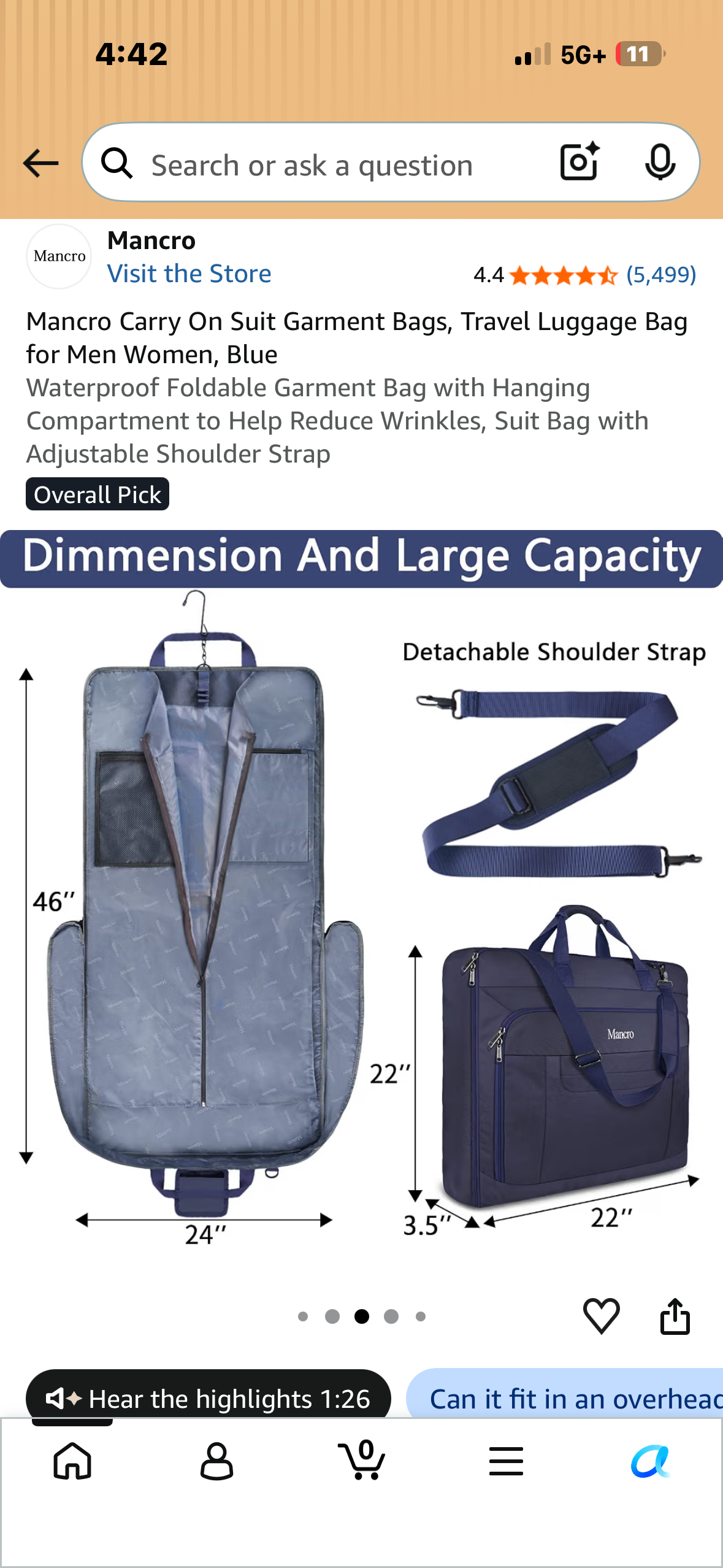 Mancro Carry On Suit Garment Bag, Black Waterproof Foldable Garment Bag with Hanging Compartment to Help Reduce Wrinkles, Suit Bag with Adjustable Shoulder Strap