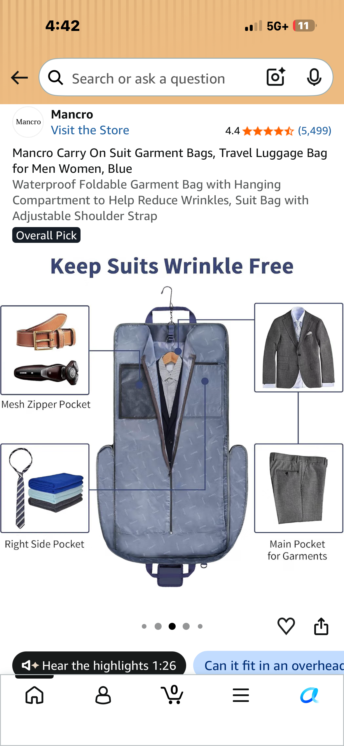 Mancro Carry On Suit Garment Bag, Black Waterproof Foldable Garment Bag with Hanging Compartment to Help Reduce Wrinkles, Suit Bag with Adjustable Shoulder Strap