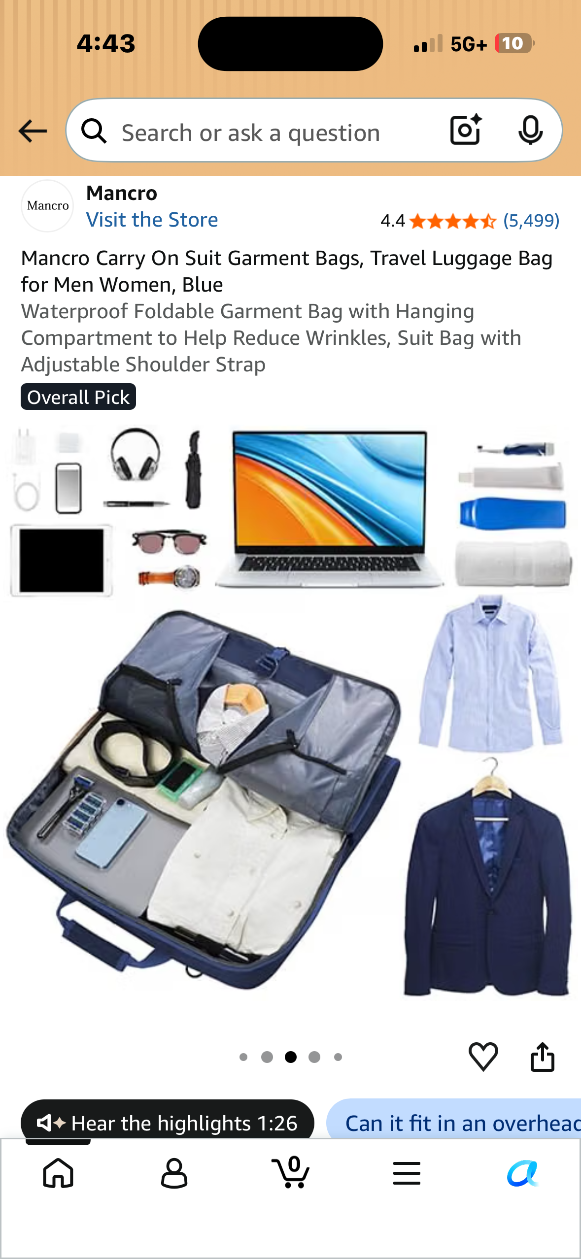 Mancro Carry On Suit Garment Bag, Black Waterproof Foldable Garment Bag with Hanging Compartment to Help Reduce Wrinkles, Suit Bag with Adjustable Shoulder Strap