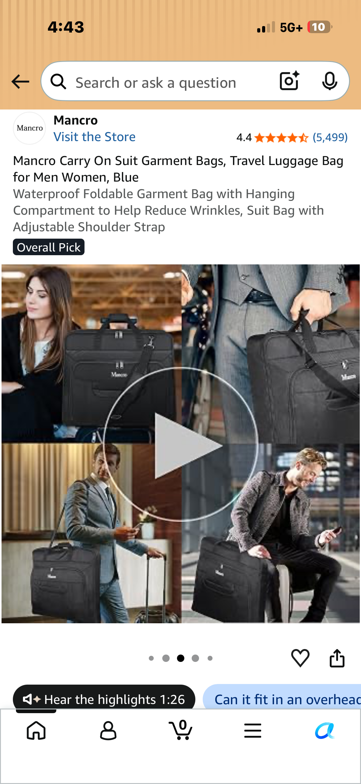 Mancro Carry On Suit Garment Bag, Black Waterproof Foldable Garment Bag with Hanging Compartment to Help Reduce Wrinkles, Suit Bag with Adjustable Shoulder Strap