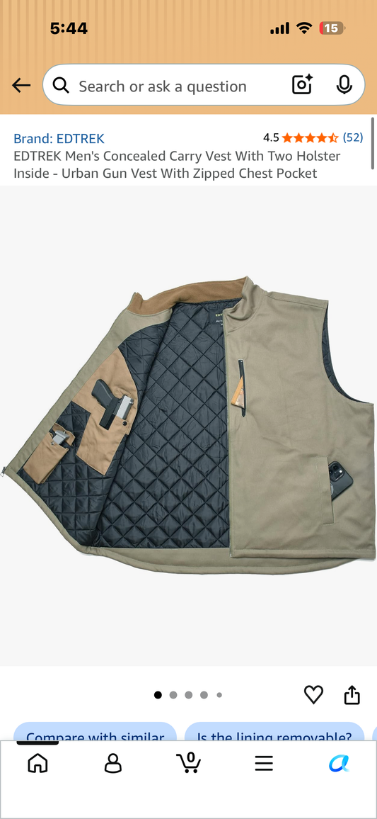 EDTREK Men's Concealed Carry Vest With Two Holster Inside - Urban Gun Vest With Zipped Chest Pocket (Size 3X)