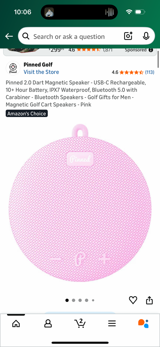 Pinned 2.0 Dart Magnetic Speaker - USB-C Rechargeable, 10+ Hour Battery, IPX7 Waterproof, Bluetooth 5.0 with Carabiner - Bluetooth Speakers - Golf Gifts for Men - Magnetic Golf Cart Speakers - Pink