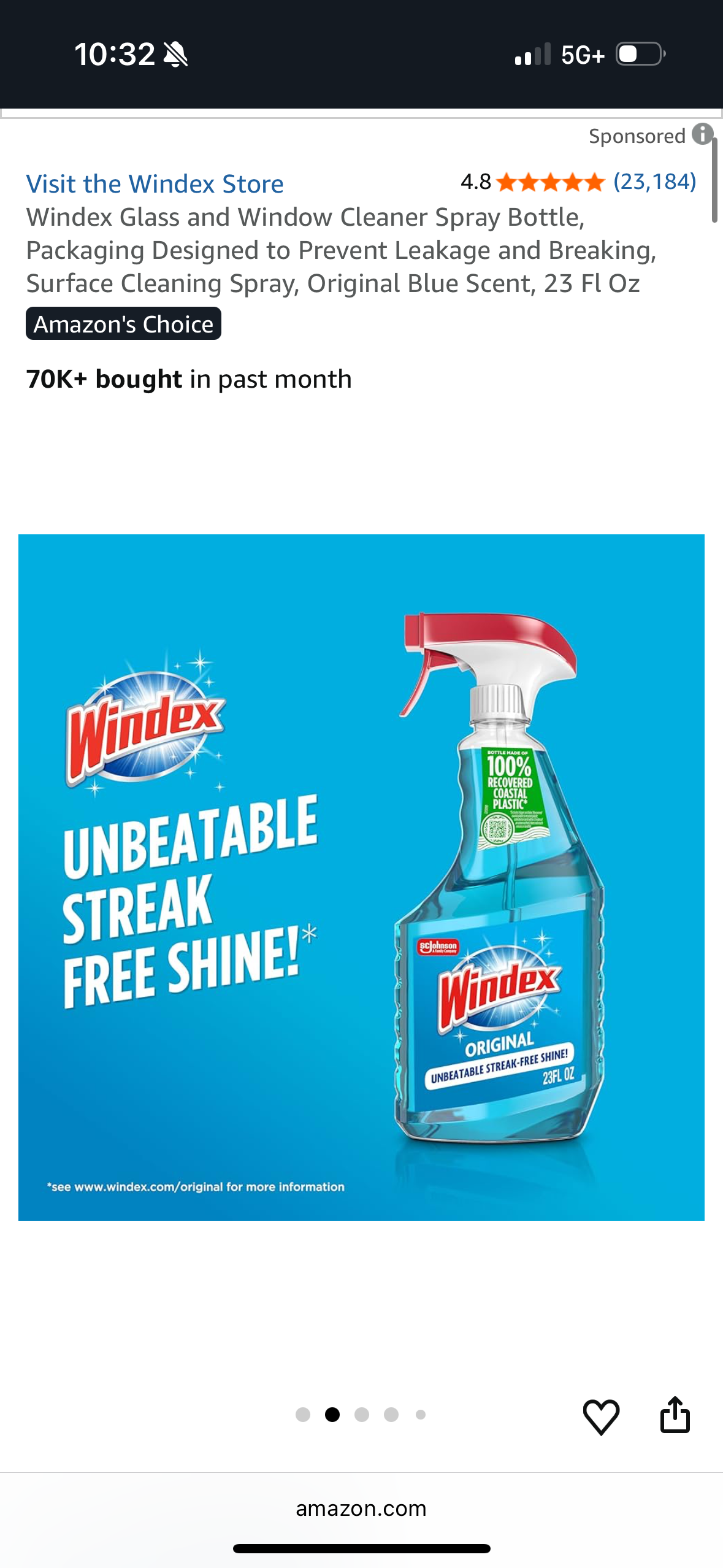 Windex Glass and Window Cleaner Spray Bottle, Packaging Designed to Prevent Leakage and Breaking, Surface Cleaning Spray, Original Blue Scent, 23 Fl Oz