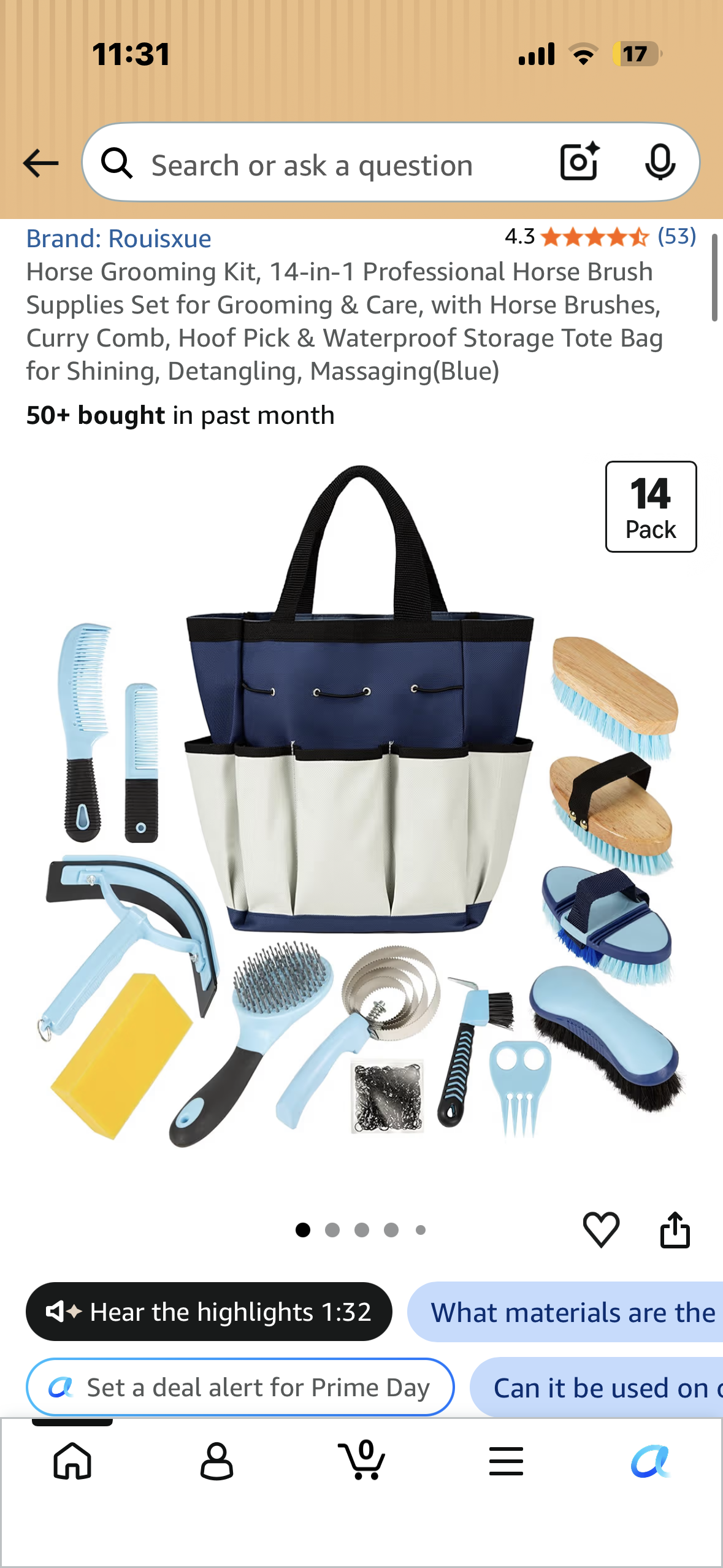 Horse Grooming Kit, 14-in-1 Professional Horse Brush Supplies Set for Grooming & Care, with Horse Brushes, Curry Comb, Hoof Pick & Waterproof Storage Tote Bag for Shining, Detangling, Massaging(Blue)