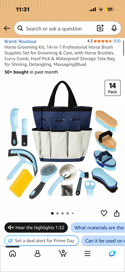 Horse Grooming Kit, 14-in-1 Professional Horse Brush Supplies Set for Grooming & Care, with Horse Brushes, Curry Comb, Hoof Pick & Waterproof Storage Tote Bag for Shining, Detangling, Massaging(Blue)