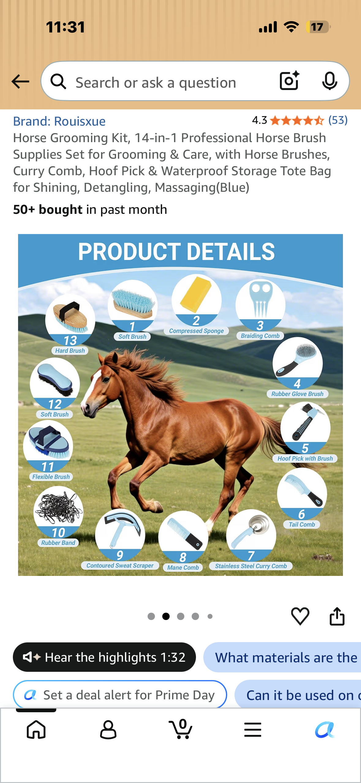 Horse Grooming Kit, 14-in-1 Professional Horse Brush Supplies Set for Grooming & Care, with Horse Brushes, Curry Comb, Hoof Pick & Waterproof Storage Tote Bag for Shining, Detangling, Massaging(Blue)