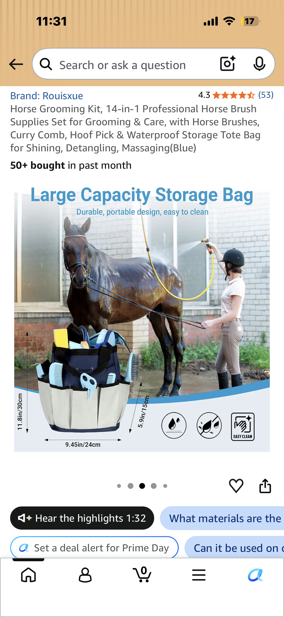 Horse Grooming Kit, 14-in-1 Professional Horse Brush Supplies Set for Grooming & Care, with Horse Brushes, Curry Comb, Hoof Pick & Waterproof Storage Tote Bag for Shining, Detangling, Massaging(Blue)