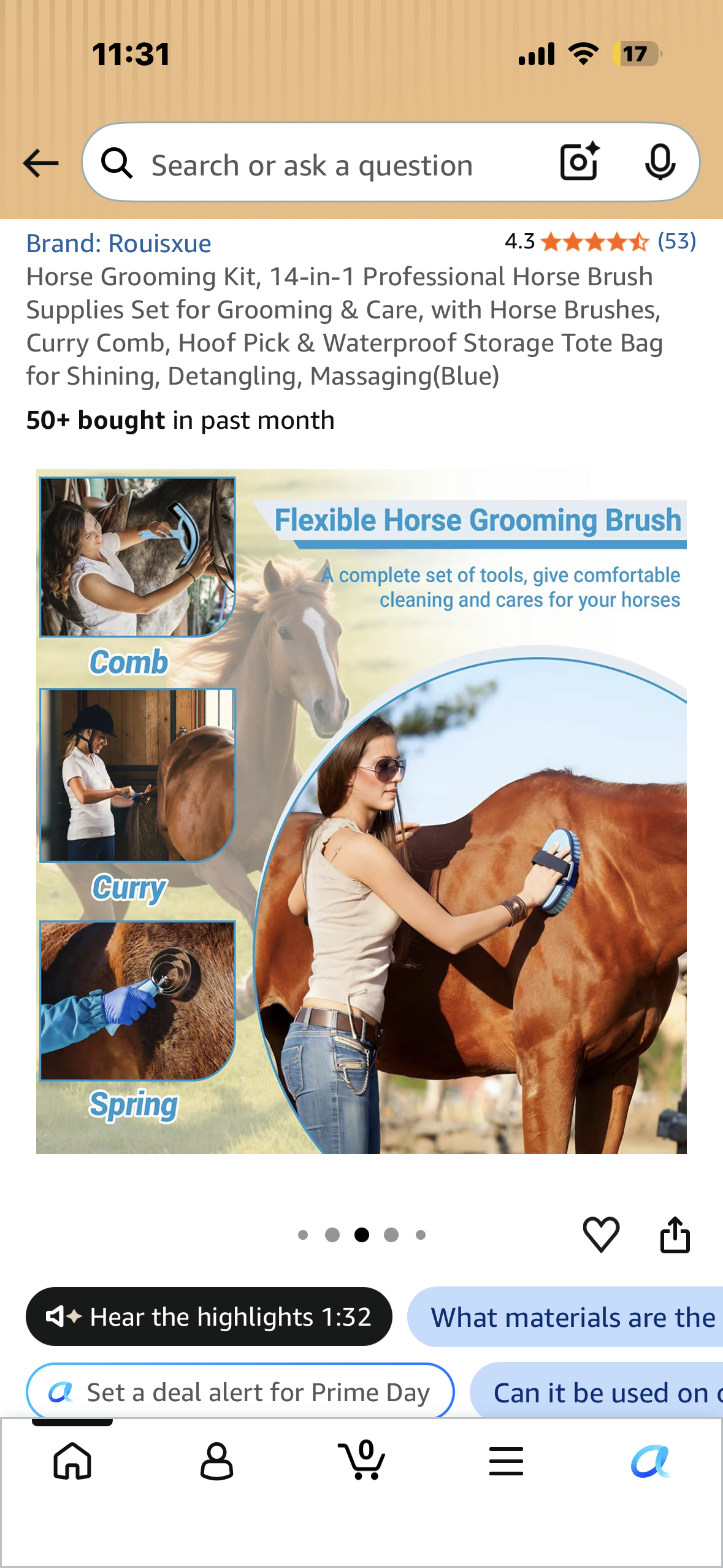 Horse Grooming Kit, 14-in-1 Professional Horse Brush Supplies Set for Grooming & Care, with Horse Brushes, Curry Comb, Hoof Pick & Waterproof Storage Tote Bag for Shining, Detangling, Massaging(Blue)