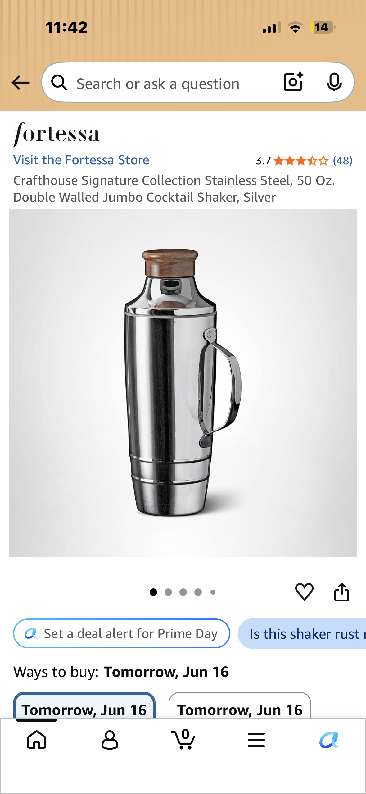 Crafthouse Signature Collection Stainless Steel, 50 Oz. Double Walled Jumbo Cocktail Shaker, Silver