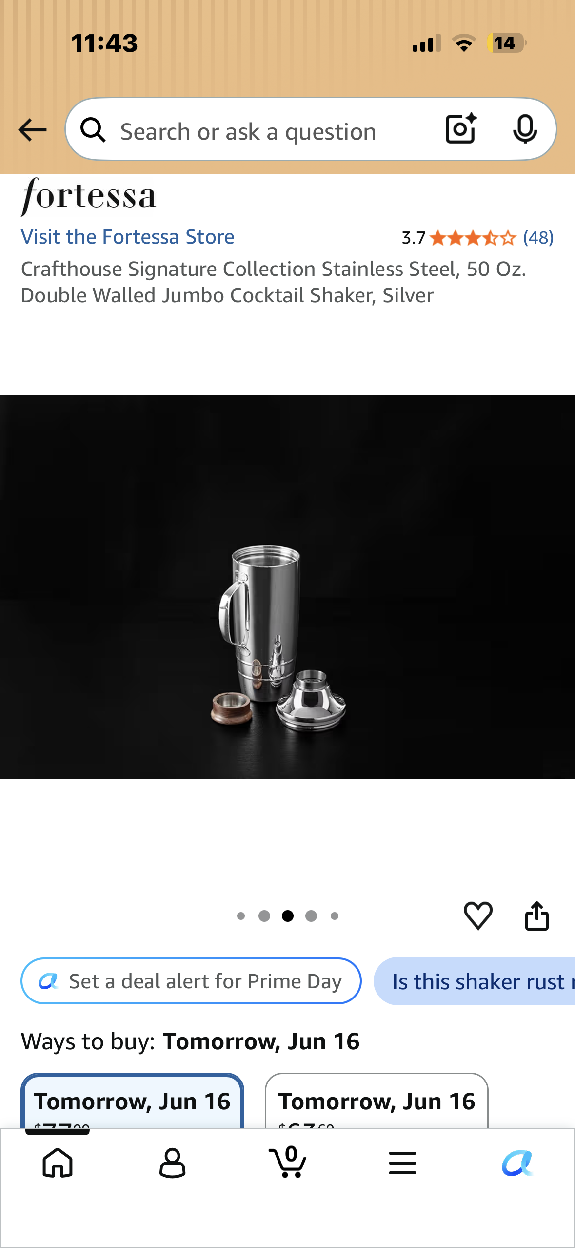 Crafthouse Signature Collection Stainless Steel, 50 Oz. Double Walled Jumbo Cocktail Shaker, Silver
