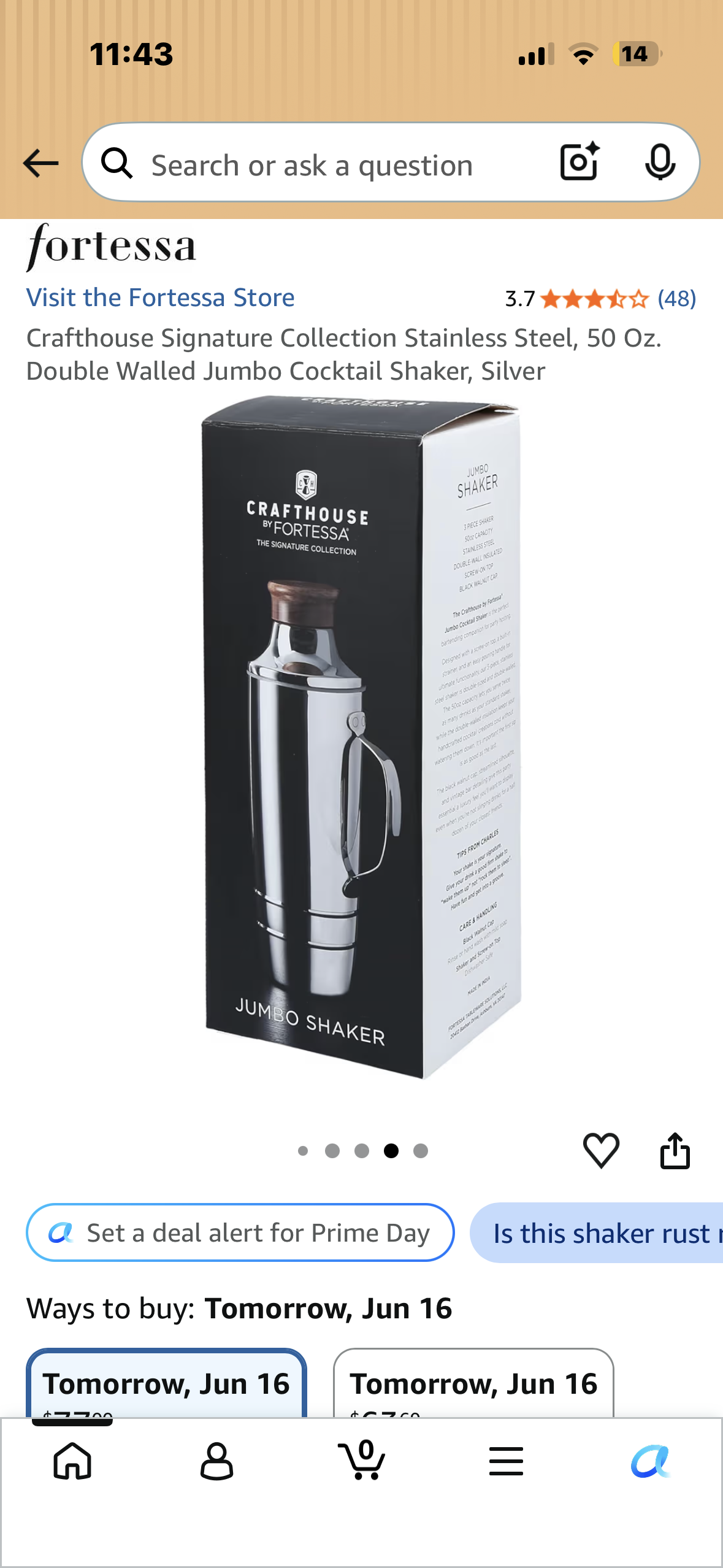 Crafthouse Signature Collection Stainless Steel, 50 Oz. Double Walled Jumbo Cocktail Shaker, Silver