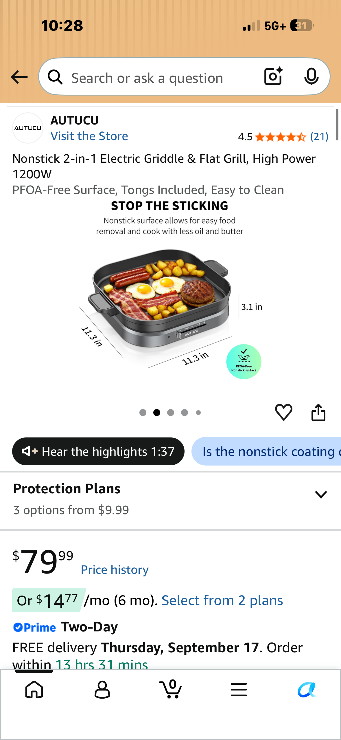 Nonstick 2-in-1 Electric Griddle & Flat Grill, High Power 1200W PFOA-Free Surface, Tongs Included, Easy to Clean