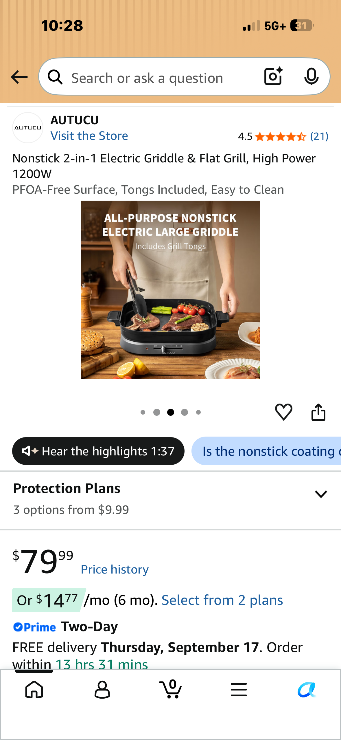 Nonstick 2-in-1 Electric Griddle & Flat Grill, High Power 1200W PFOA-Free Surface, Tongs Included, Easy to Clean