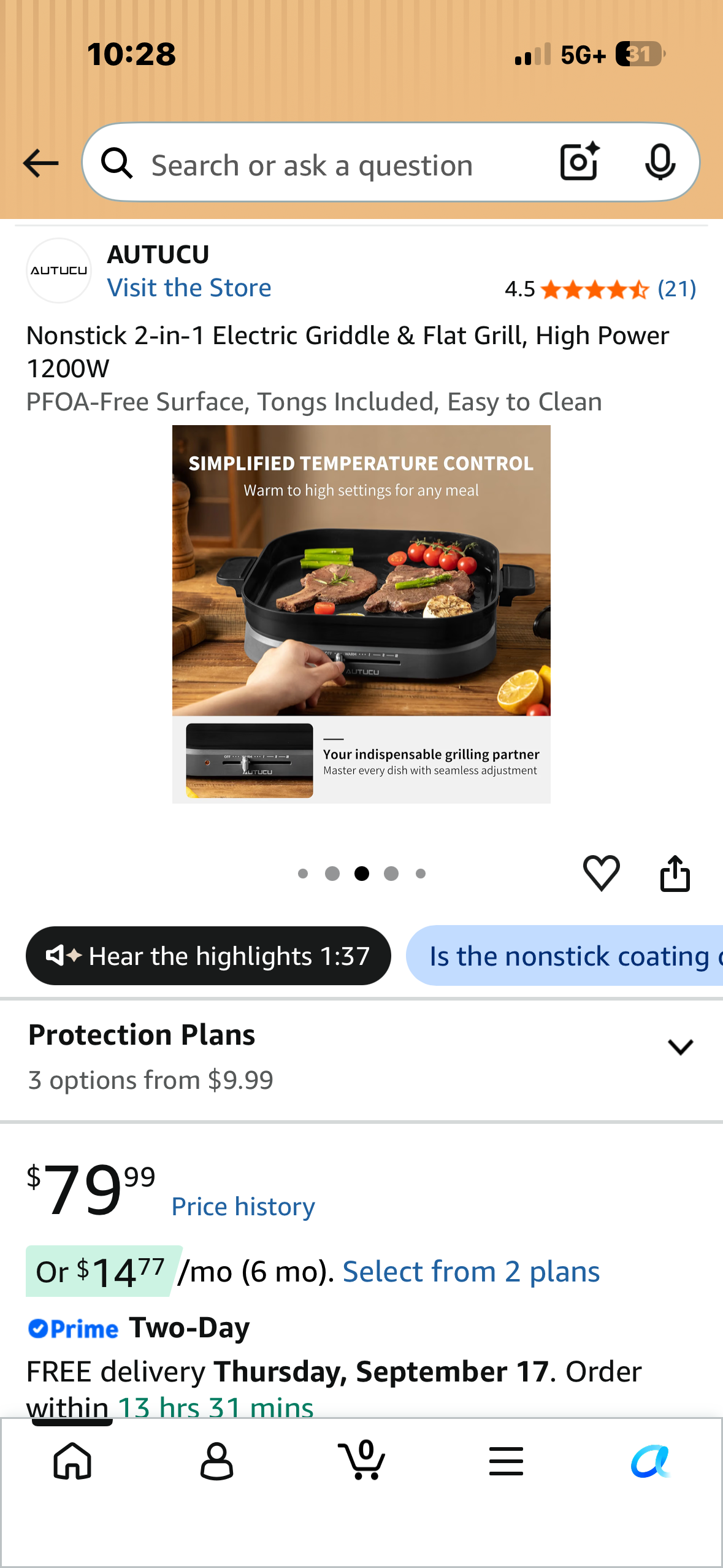 Nonstick 2-in-1 Electric Griddle & Flat Grill, High Power 1200W PFOA-Free Surface, Tongs Included, Easy to Clean