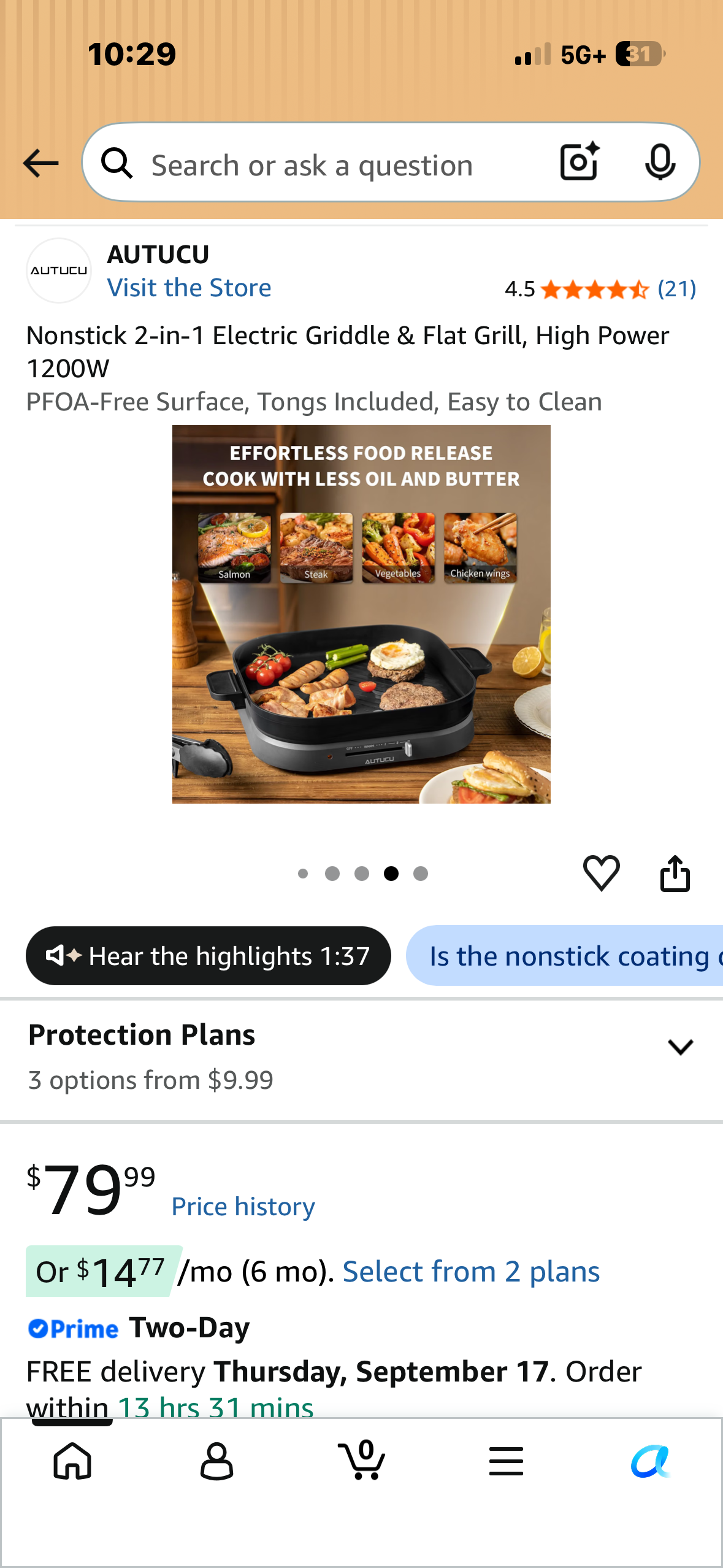 Nonstick 2-in-1 Electric Griddle & Flat Grill, High Power 1200W PFOA-Free Surface, Tongs Included, Easy to Clean