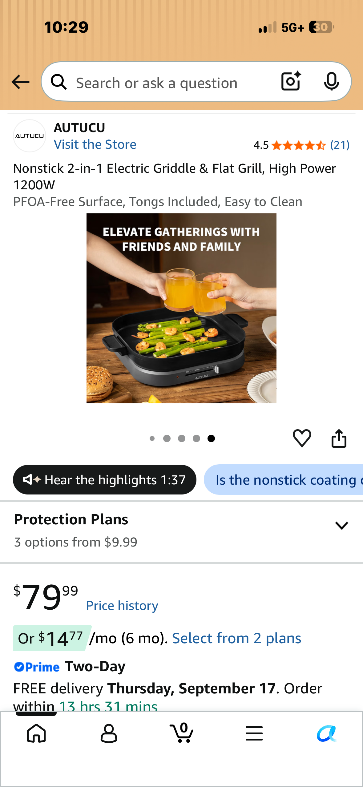 Nonstick 2-in-1 Electric Griddle & Flat Grill, High Power 1200W PFOA-Free Surface, Tongs Included, Easy to Clean