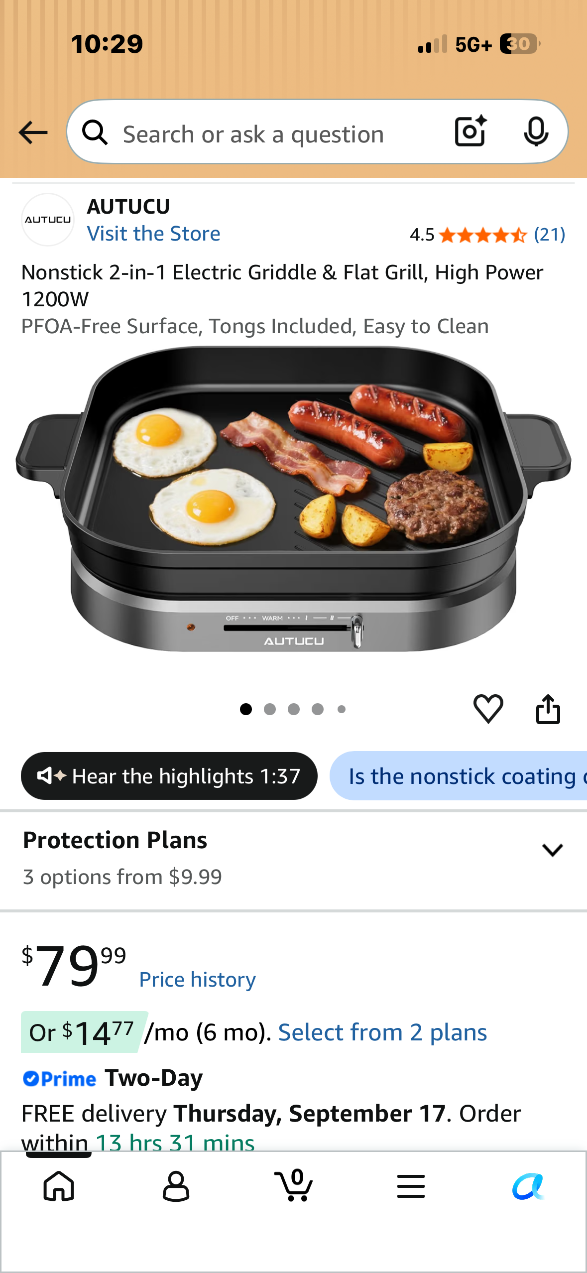 Nonstick 2-in-1 Electric Griddle & Flat Grill, High Power 1200W PFOA-Free Surface, Tongs Included, Easy to Clean