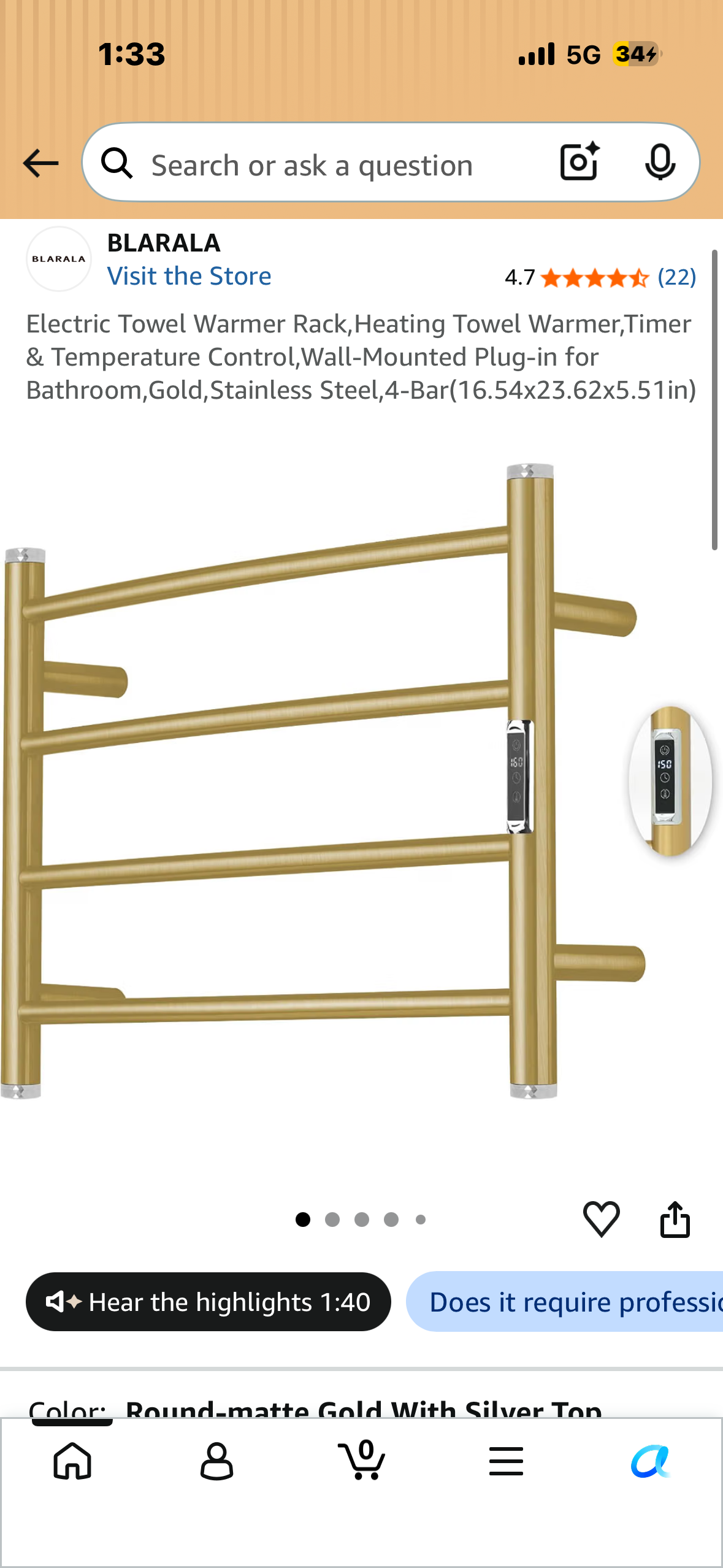 Electric Towel Warmer Rack,Heating Towel Warmer,Timer & Temperature Control,Wall-Mounted Plug-in for Bathroom,Gold,Stainless Steel,4-Bar (16.54x23.62x5.51in)