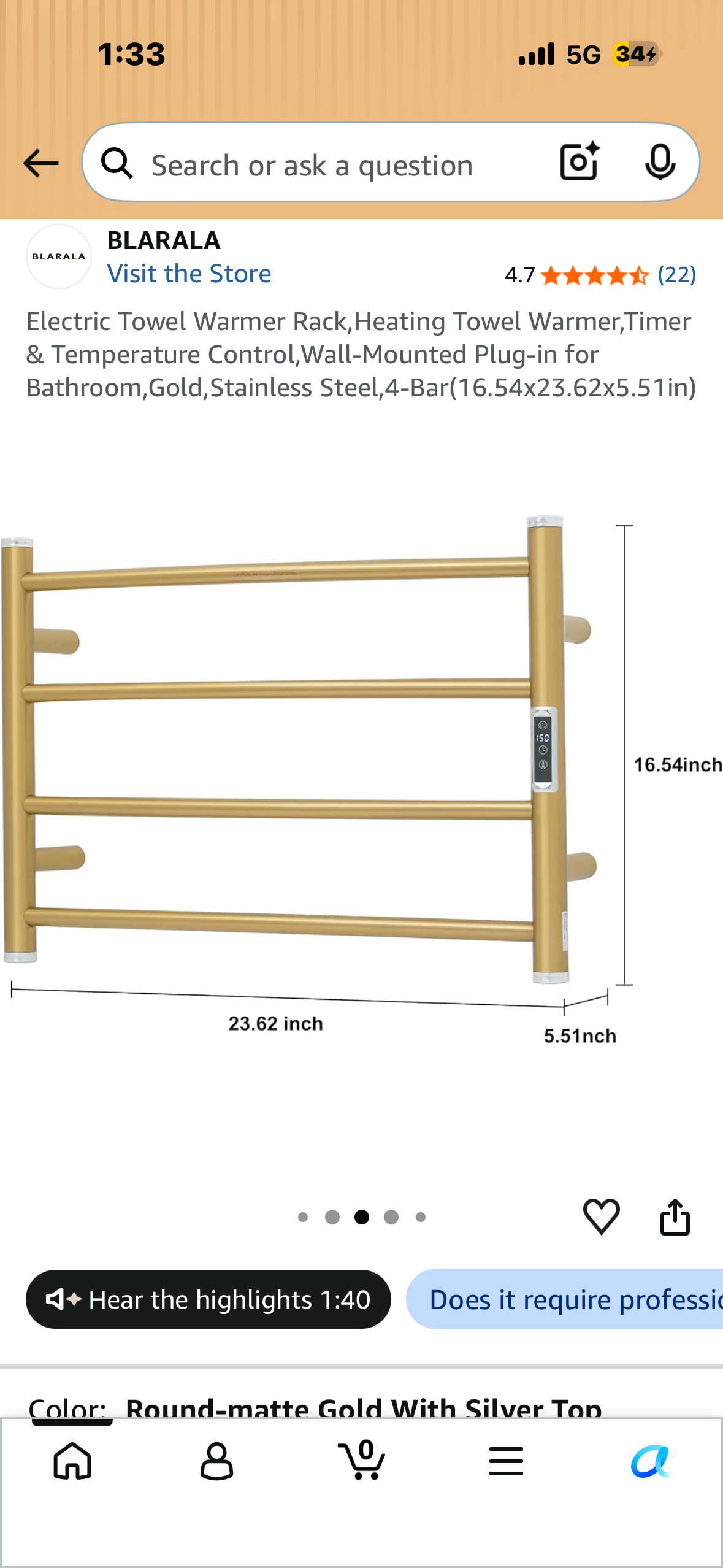 Electric Towel Warmer Rack,Heating Towel Warmer,Timer & Temperature Control,Wall-Mounted Plug-in for Bathroom,Gold,Stainless Steel,4-Bar (16.54x23.62x5.51in)