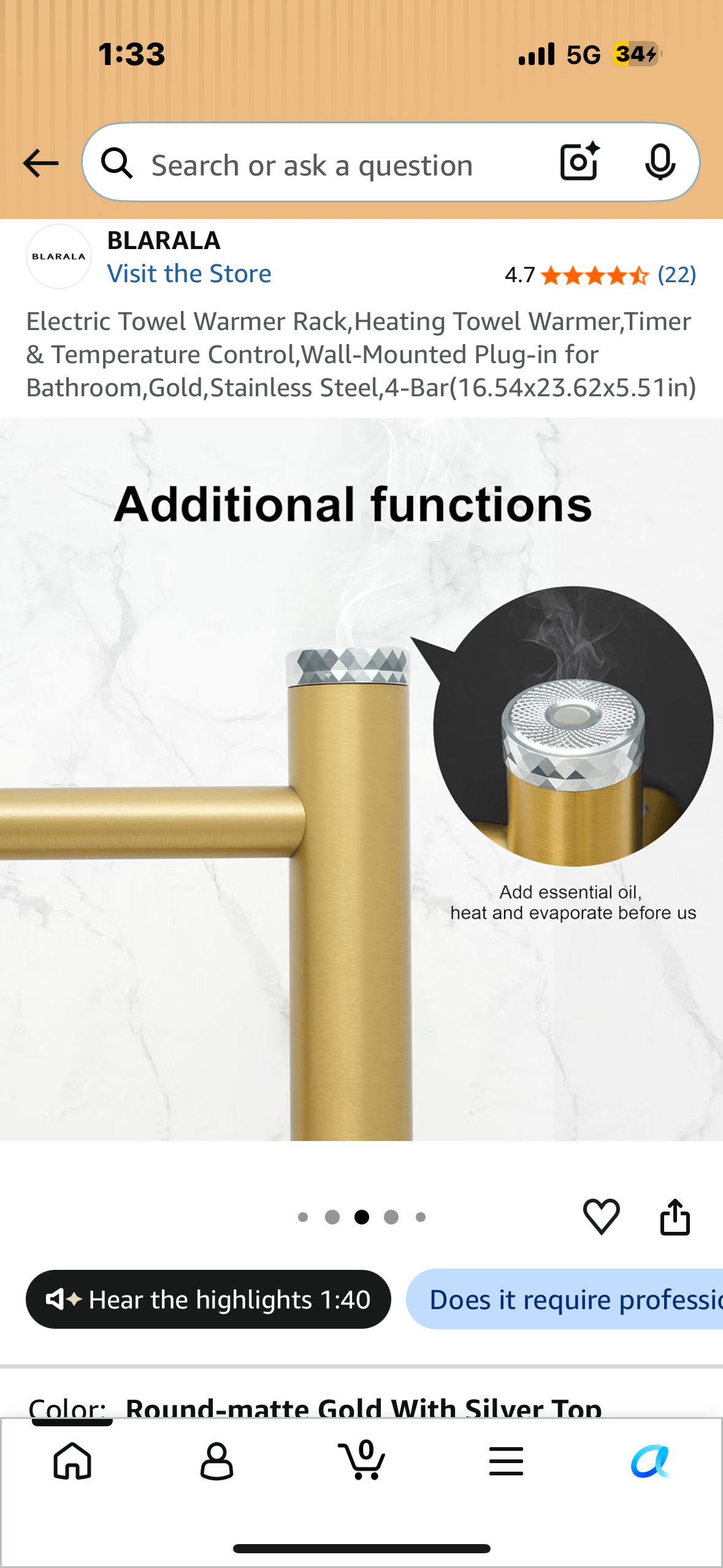 Electric Towel Warmer Rack,Heating Towel Warmer,Timer & Temperature Control,Wall-Mounted Plug-in for Bathroom,Gold,Stainless Steel,4-Bar (16.54x23.62x5.51in)