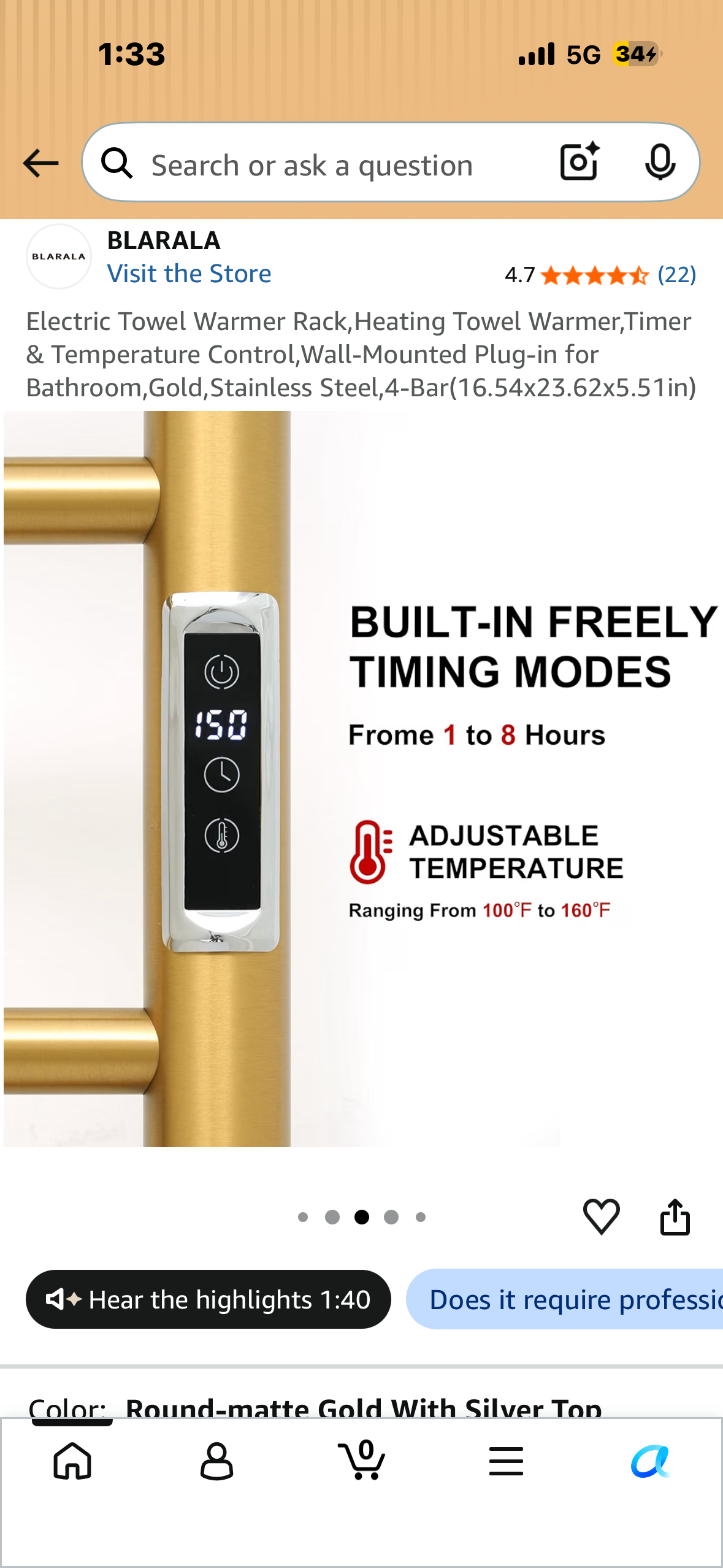 Electric Towel Warmer Rack,Heating Towel Warmer,Timer & Temperature Control,Wall-Mounted Plug-in for Bathroom,Gold,Stainless Steel,4-Bar (16.54x23.62x5.51in)