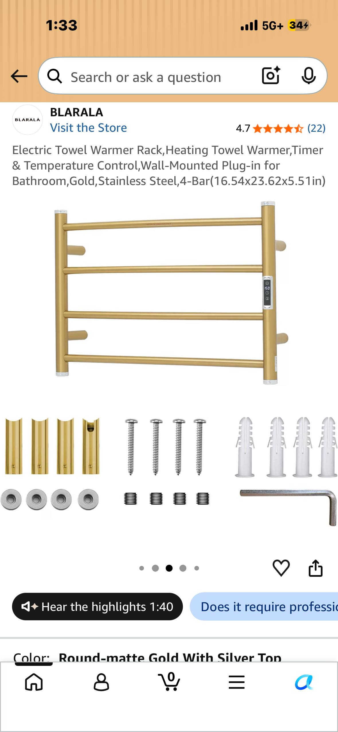 Electric Towel Warmer Rack,Heating Towel Warmer,Timer & Temperature Control,Wall-Mounted Plug-in for Bathroom,Gold,Stainless Steel,4-Bar (16.54x23.62x5.51in)