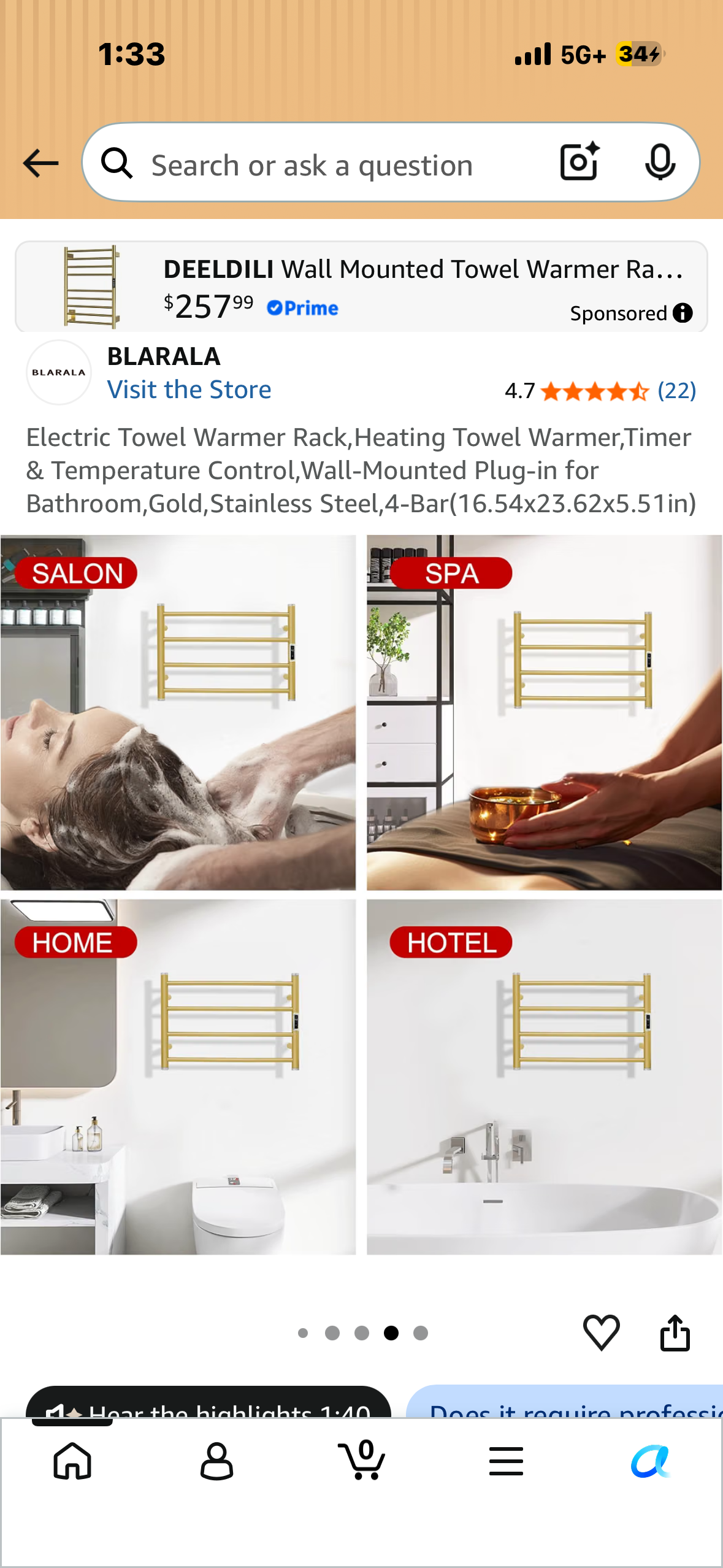 Electric Towel Warmer Rack,Heating Towel Warmer,Timer & Temperature Control,Wall-Mounted Plug-in for Bathroom,Gold,Stainless Steel,4-Bar (16.54x23.62x5.51in)