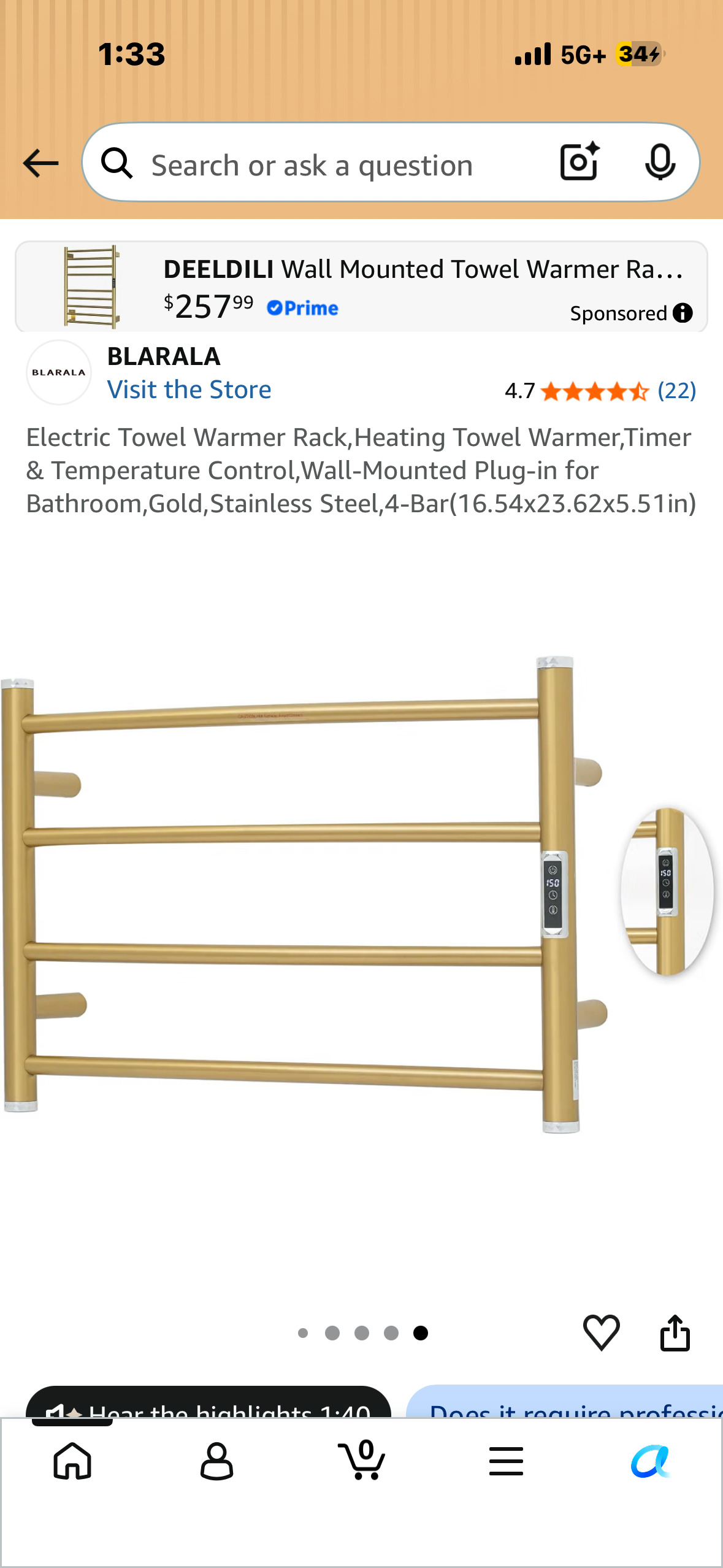 Electric Towel Warmer Rack,Heating Towel Warmer,Timer & Temperature Control,Wall-Mounted Plug-in for Bathroom,Gold,Stainless Steel,4-Bar (16.54x23.62x5.51in)