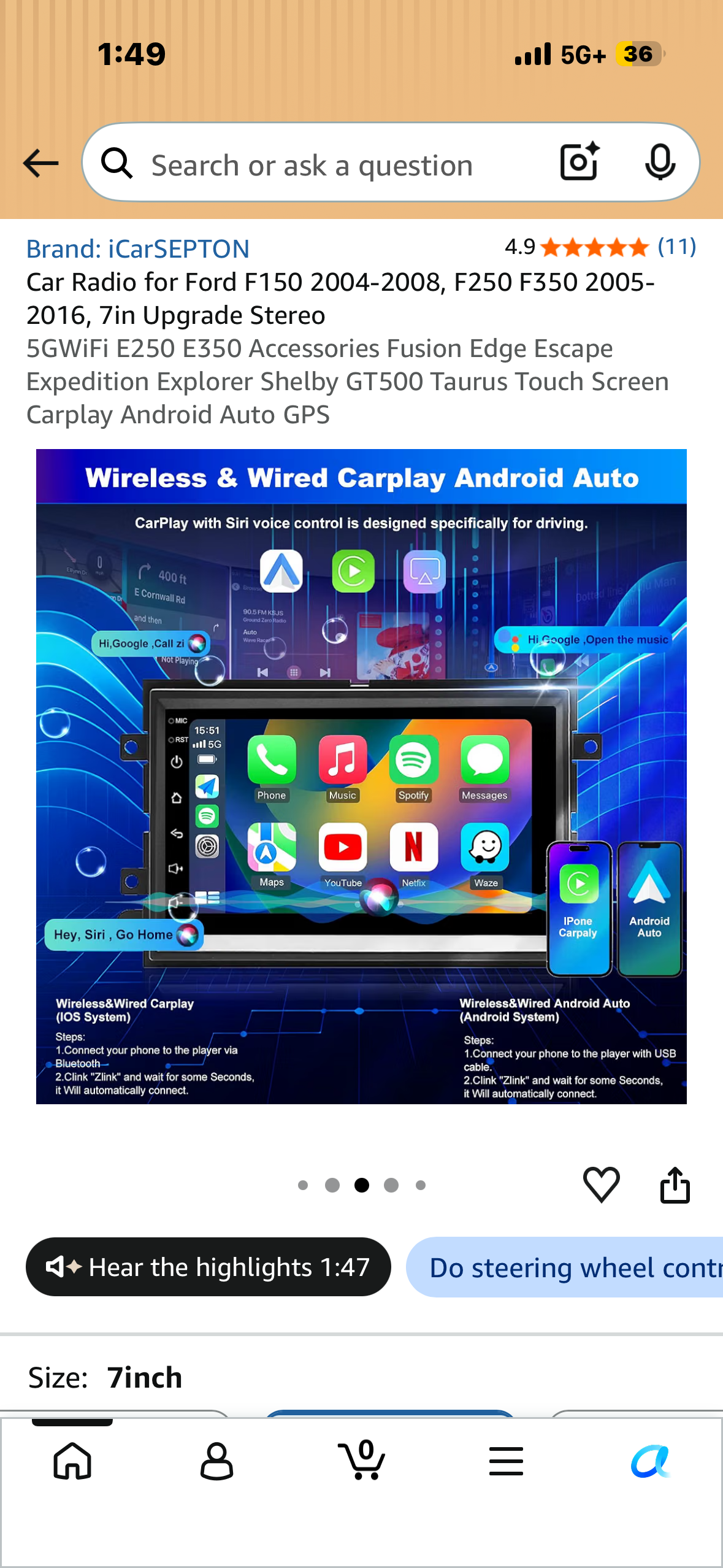 Car Radio for Ford F150 2004-2008, F250 F350 2005-2016, 7in Upgrade Stereo 5GWiFi E250 E350 Accessories Fusion Edge Escape Expedition Explorer Shelby GT500 Taurus Touch Screen Carplay Android Auto GPS