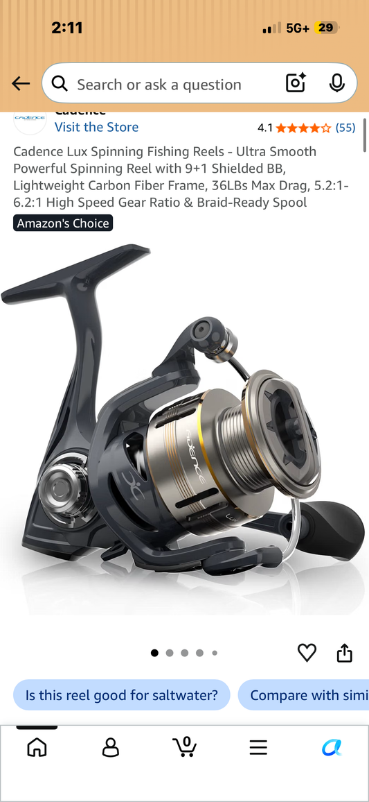 Cadence Lux Spinning Fishing Reels - Ultra Smooth Powerful Spinning Reel with 9+1 Shielded BB, Lightweight Carbon Fiber Frame, 36LBs Max Drag, 5.2:1-6.2:1 High Speed Gear Ratio & Braid-Ready Spool