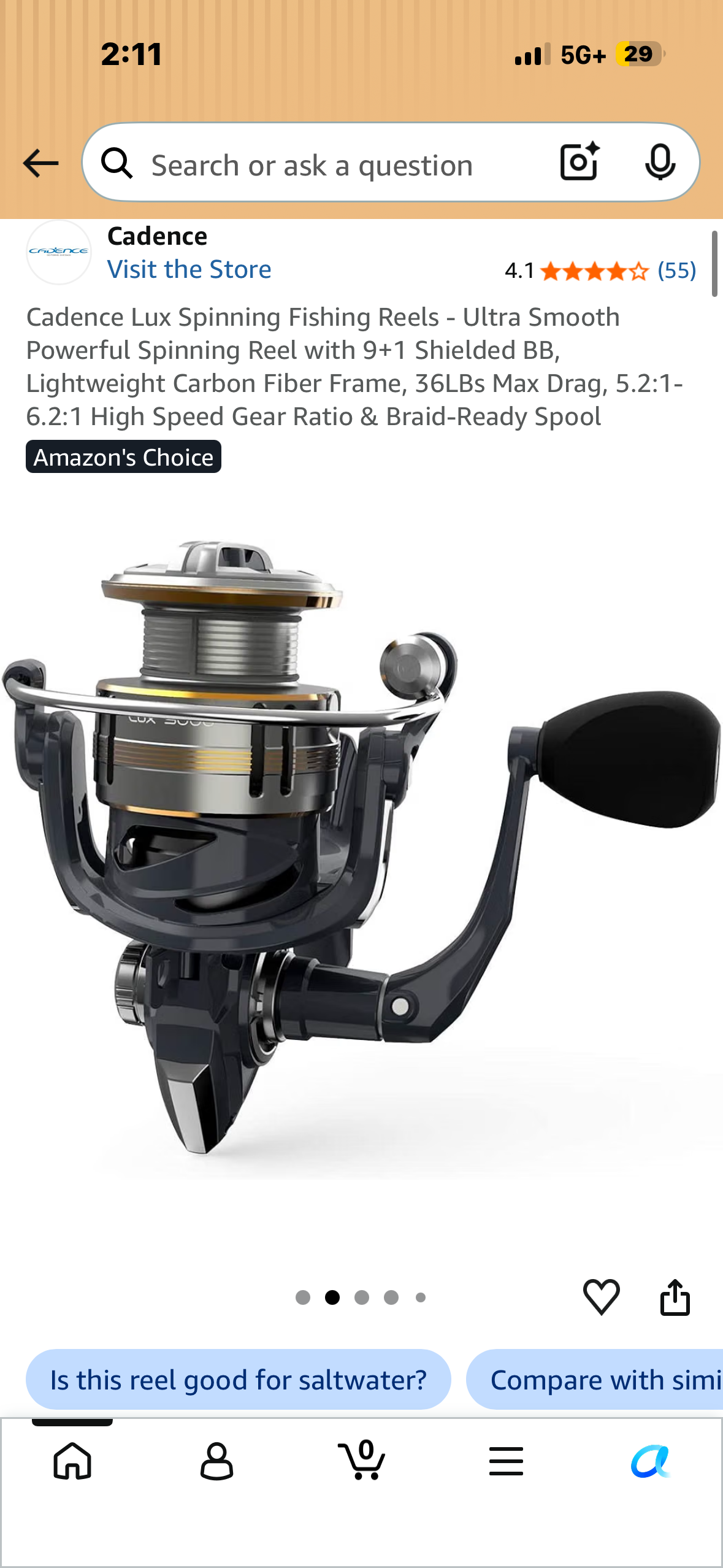 Cadence Lux Spinning Fishing Reels - Ultra Smooth Powerful Spinning Reel with 9+1 Shielded BB, Lightweight Carbon Fiber Frame, 36LBs Max Drag, 5.2:1-6.2:1 High Speed Gear Ratio & Braid-Ready Spool