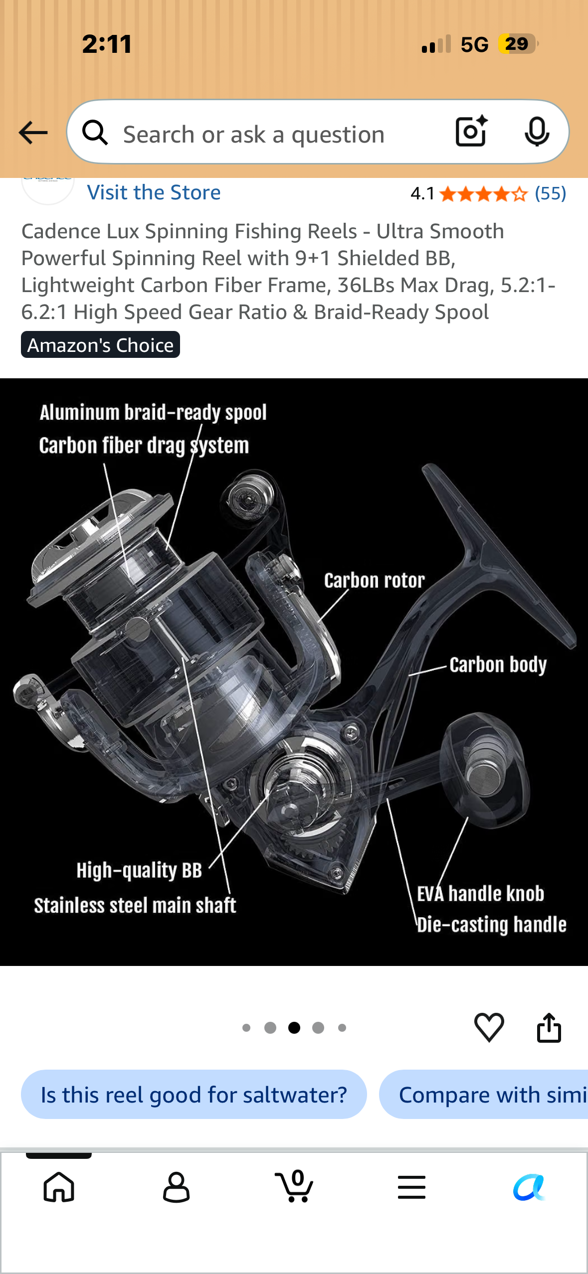 Cadence Lux Spinning Fishing Reels - Ultra Smooth Powerful Spinning Reel with 9+1 Shielded BB, Lightweight Carbon Fiber Frame, 36LBs Max Drag, 5.2:1-6.2:1 High Speed Gear Ratio & Braid-Ready Spool