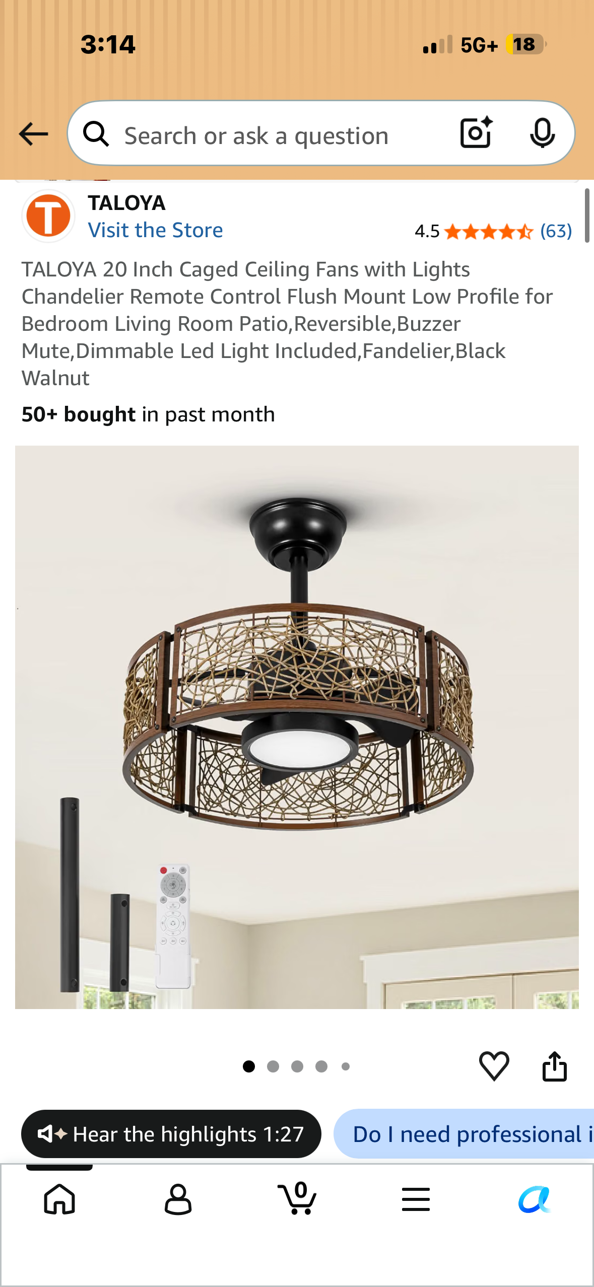 TALOYA 20 Inch Caged Ceiling Fan with Lights, Chandelier, Remote Control Flush Mount Low Profile for Bedroom, Living Room Patio, Reversible, Buzzer Mute, Dimmable Led Light Included, Fandelier