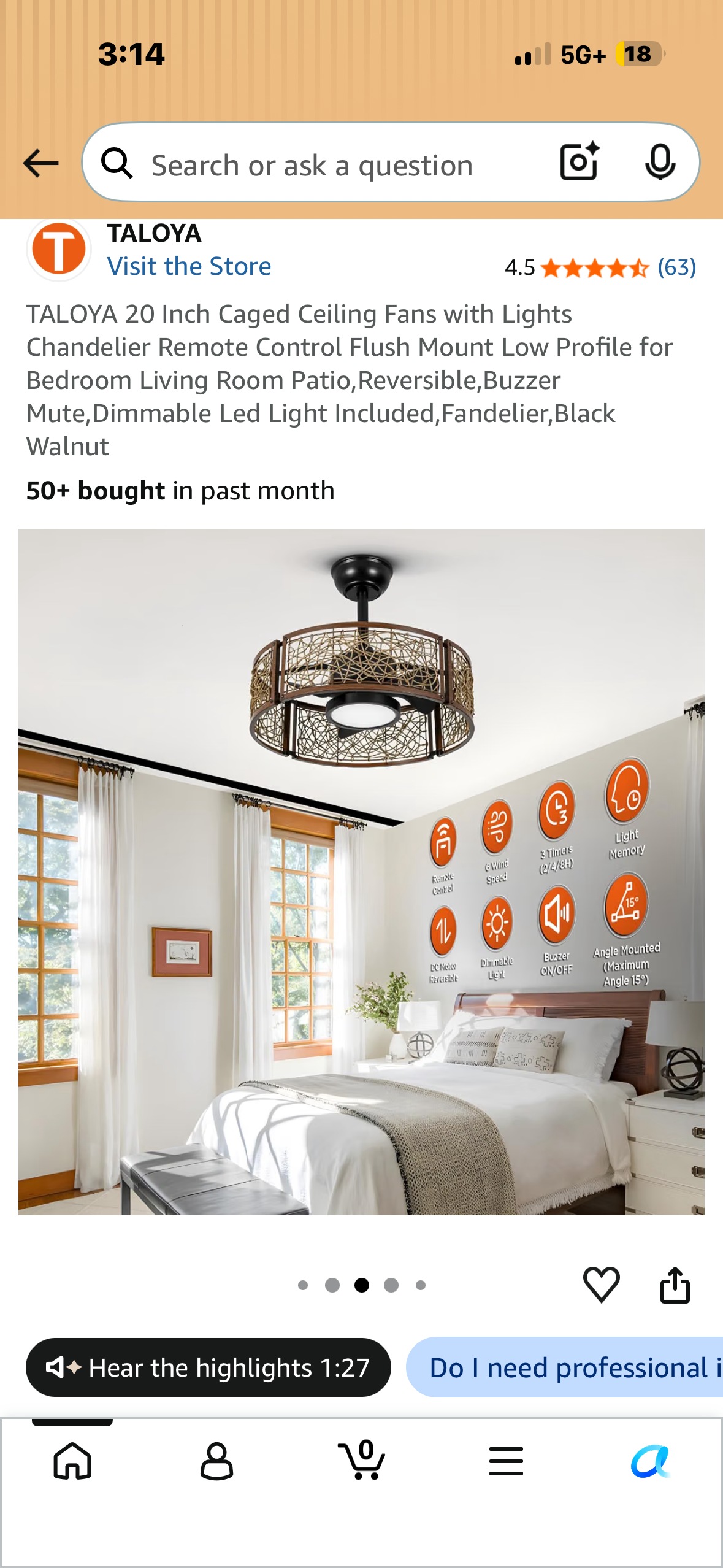TALOYA 20 Inch Caged Ceiling Fan with Lights, Chandelier, Remote Control Flush Mount Low Profile for Bedroom, Living Room Patio, Reversible, Buzzer Mute, Dimmable Led Light Included, Fandelier