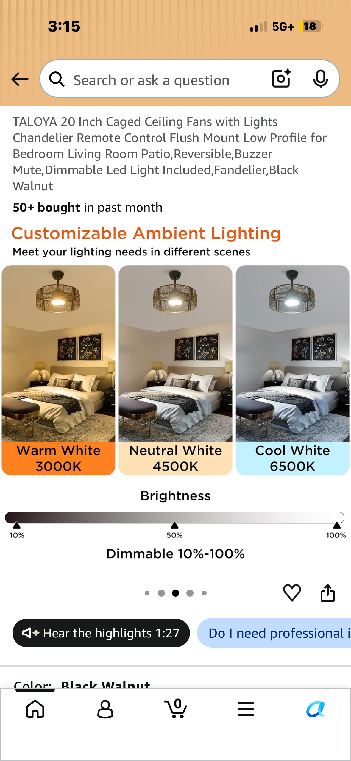 TALOYA 20 Inch Caged Ceiling Fan with Lights, Chandelier, Remote Control Flush Mount Low Profile for Bedroom, Living Room Patio, Reversible, Buzzer Mute, Dimmable Led Light Included, Fandelier