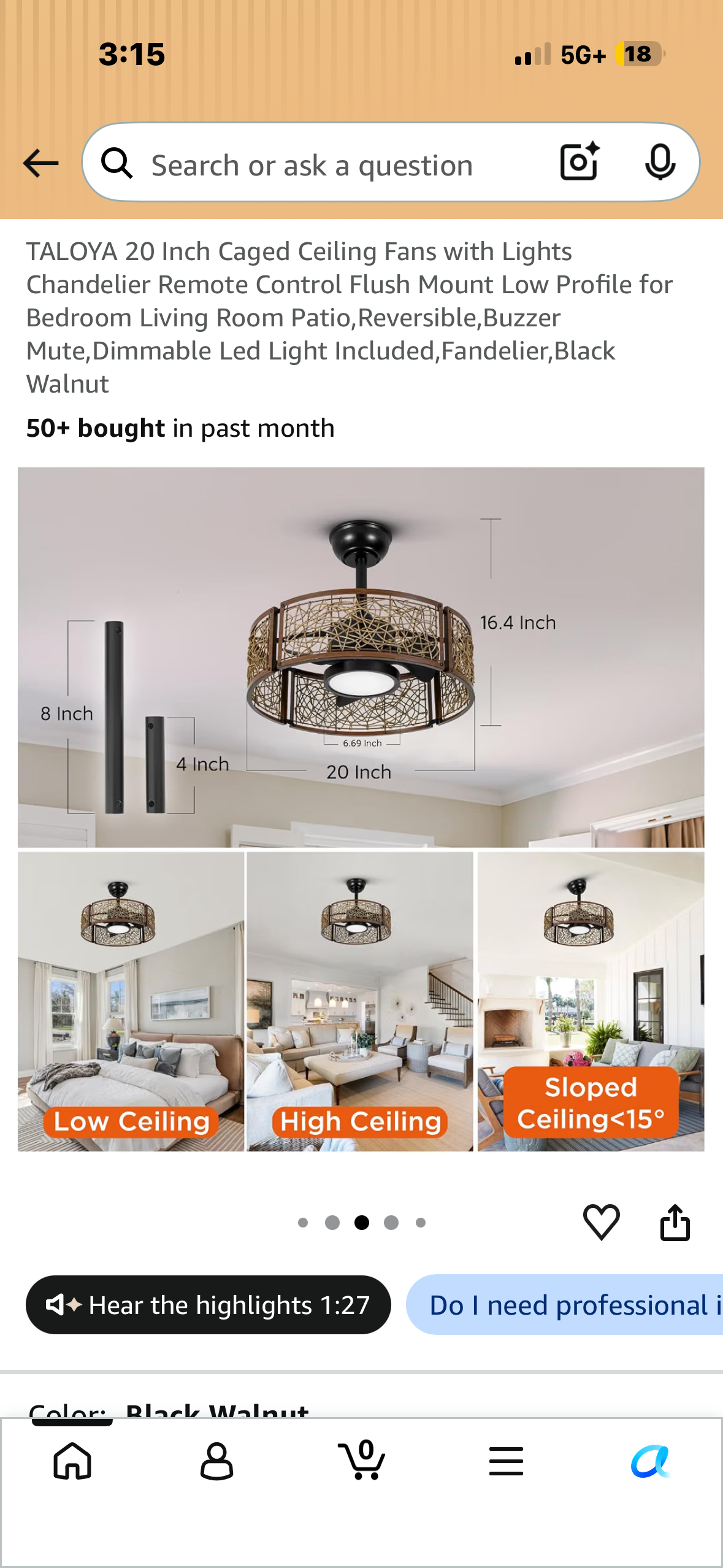 TALOYA 20 Inch Caged Ceiling Fan with Lights, Chandelier, Remote Control Flush Mount Low Profile for Bedroom, Living Room Patio, Reversible, Buzzer Mute, Dimmable Led Light Included, Fandelier