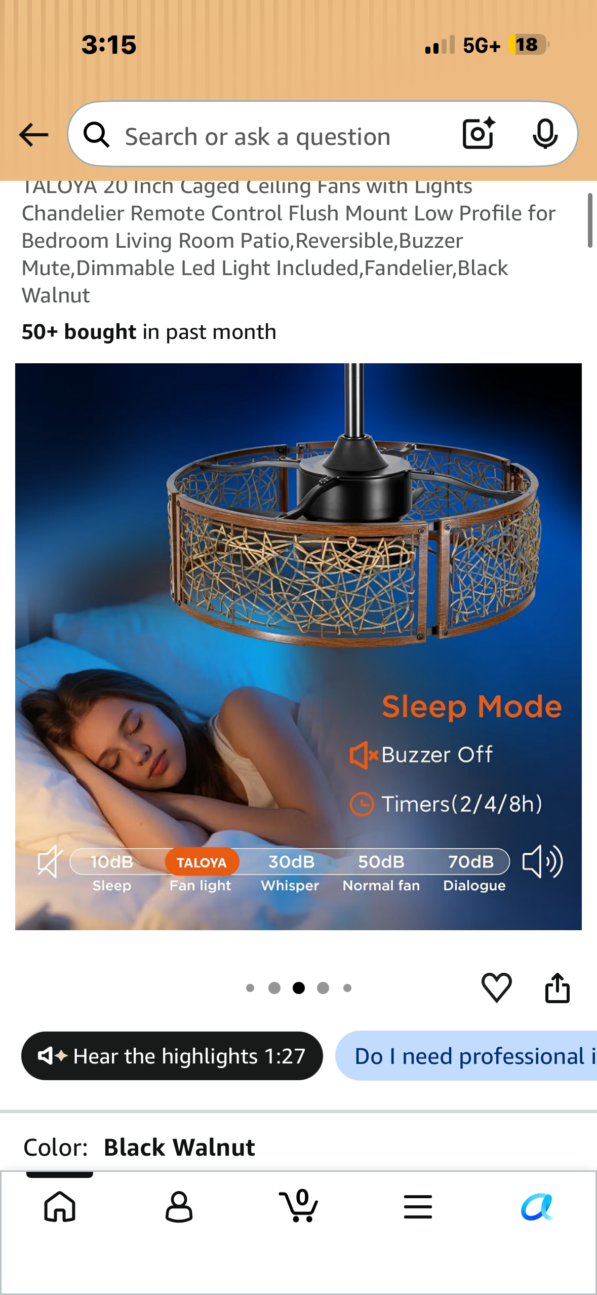 TALOYA 20 Inch Caged Ceiling Fan with Lights, Chandelier, Remote Control Flush Mount Low Profile for Bedroom, Living Room Patio, Reversible, Buzzer Mute, Dimmable Led Light Included, Fandelier