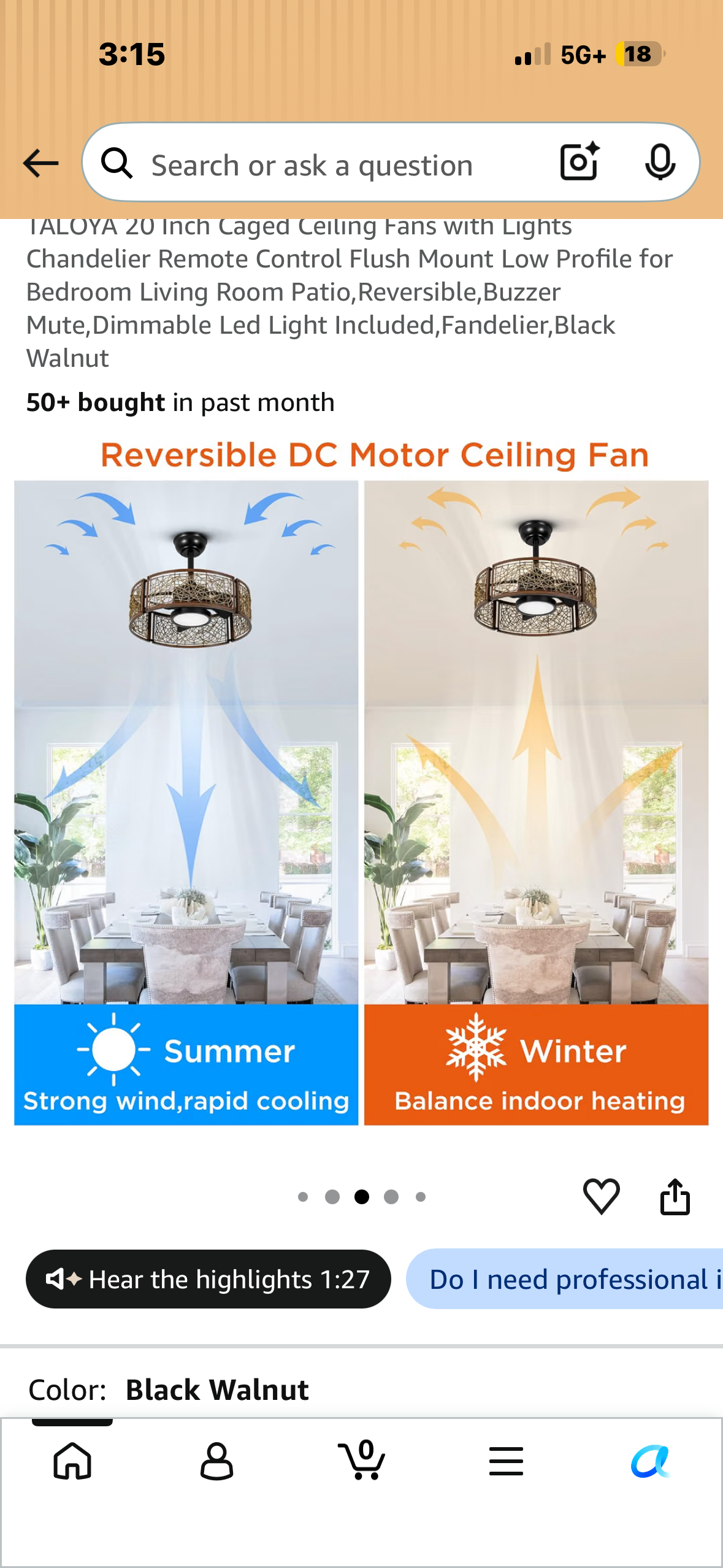 TALOYA 20 Inch Caged Ceiling Fan with Lights, Chandelier, Remote Control Flush Mount Low Profile for Bedroom, Living Room Patio, Reversible, Buzzer Mute, Dimmable Led Light Included, Fandelier
