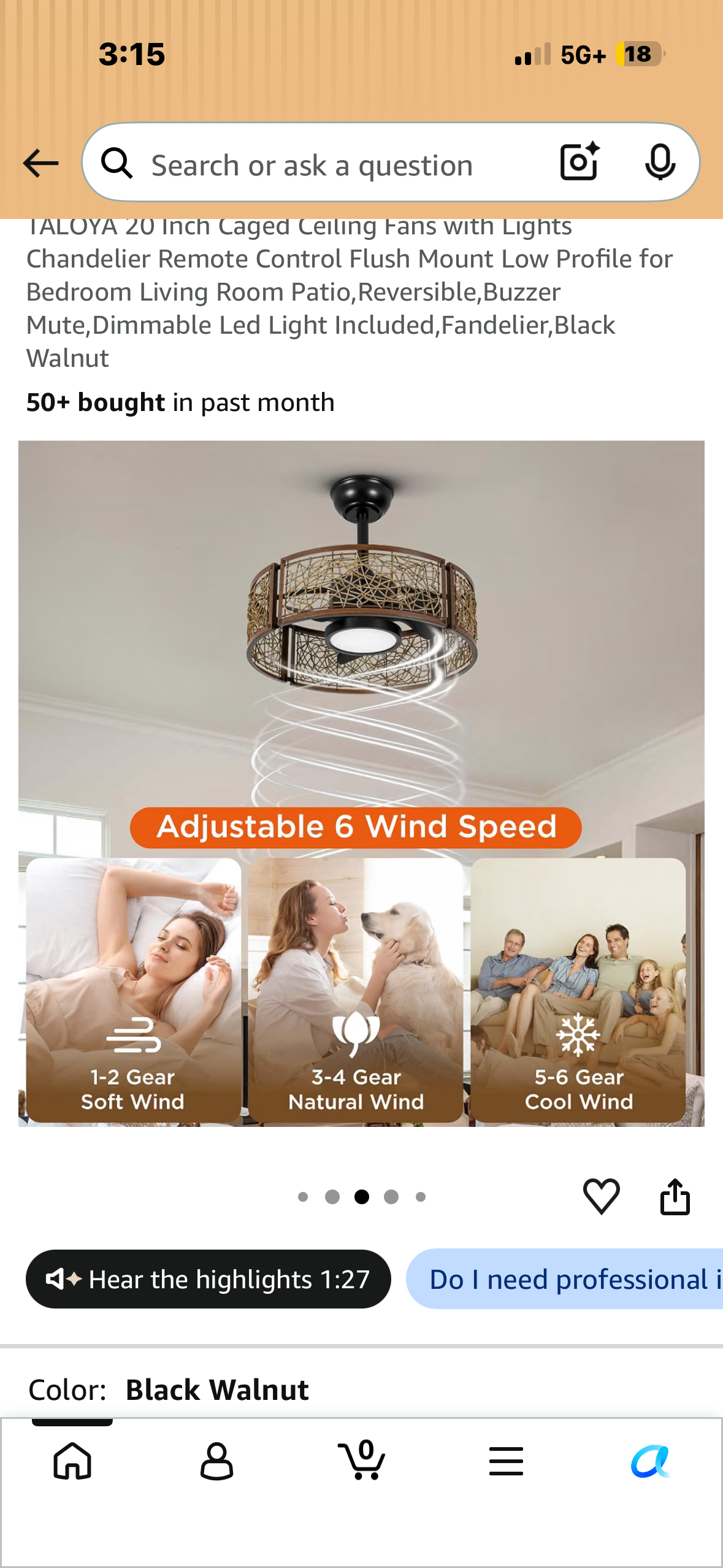 TALOYA 20 Inch Caged Ceiling Fan with Lights, Chandelier, Remote Control Flush Mount Low Profile for Bedroom, Living Room Patio, Reversible, Buzzer Mute, Dimmable Led Light Included, Fandelier