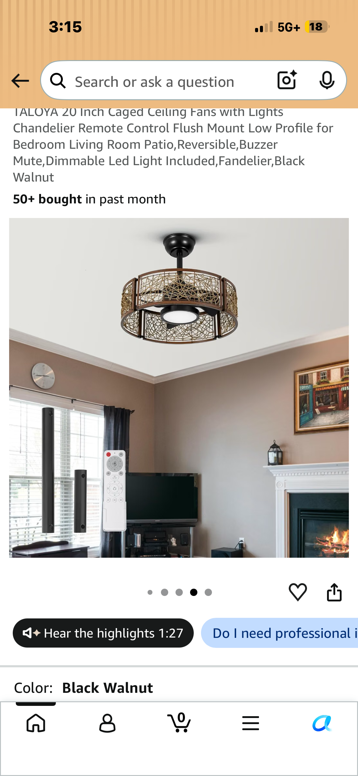 TALOYA 20 Inch Caged Ceiling Fan with Lights, Chandelier, Remote Control Flush Mount Low Profile for Bedroom, Living Room Patio, Reversible, Buzzer Mute, Dimmable Led Light Included, Fandelier