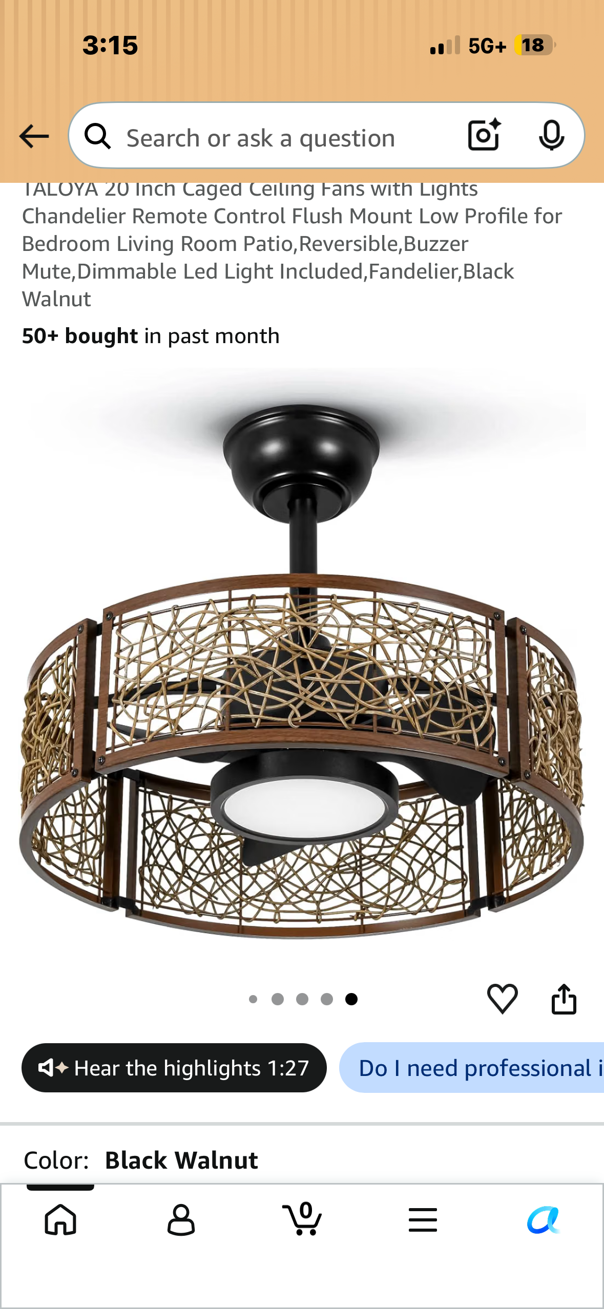 TALOYA 20 Inch Caged Ceiling Fan with Lights, Chandelier, Remote Control Flush Mount Low Profile for Bedroom, Living Room Patio, Reversible, Buzzer Mute, Dimmable Led Light Included, Fandelier
