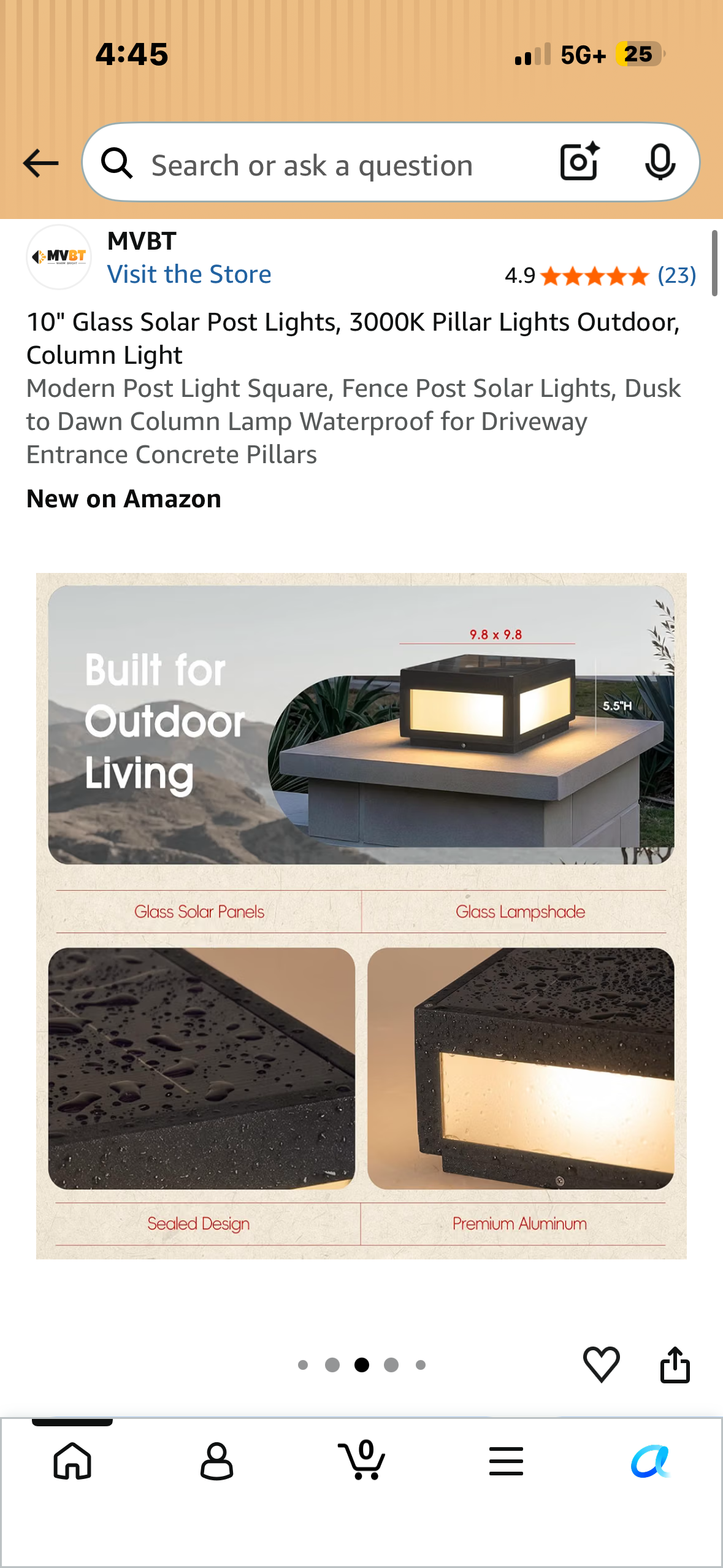 10" Glass Solar Post Light, 3000K Pillar Light, Outdoor, Column Light