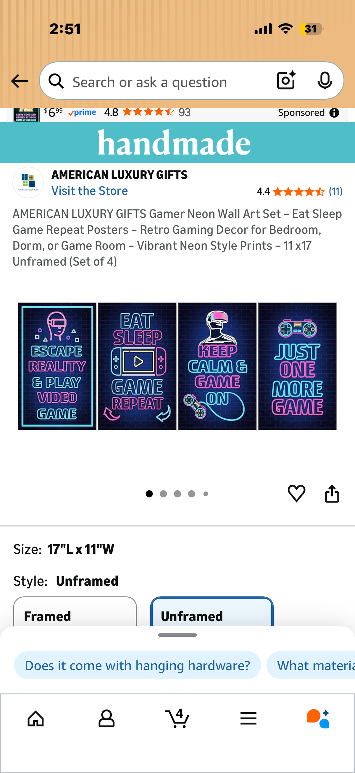 Gamer Neon Wall Art Set – Eat Sleep Game Repeat Posters – Retro Gaming Decor for Bedroom, Dorm, or Game Room – Vibrant Neon Style Prints – 11 x17 Unframed (Set of 4)