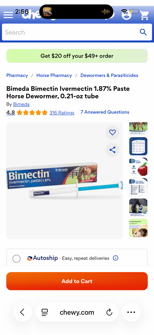 Bimectin Ivermectin 1.87% Anthelmintic and Boticide Horse Dewormer Paste, 6.08g