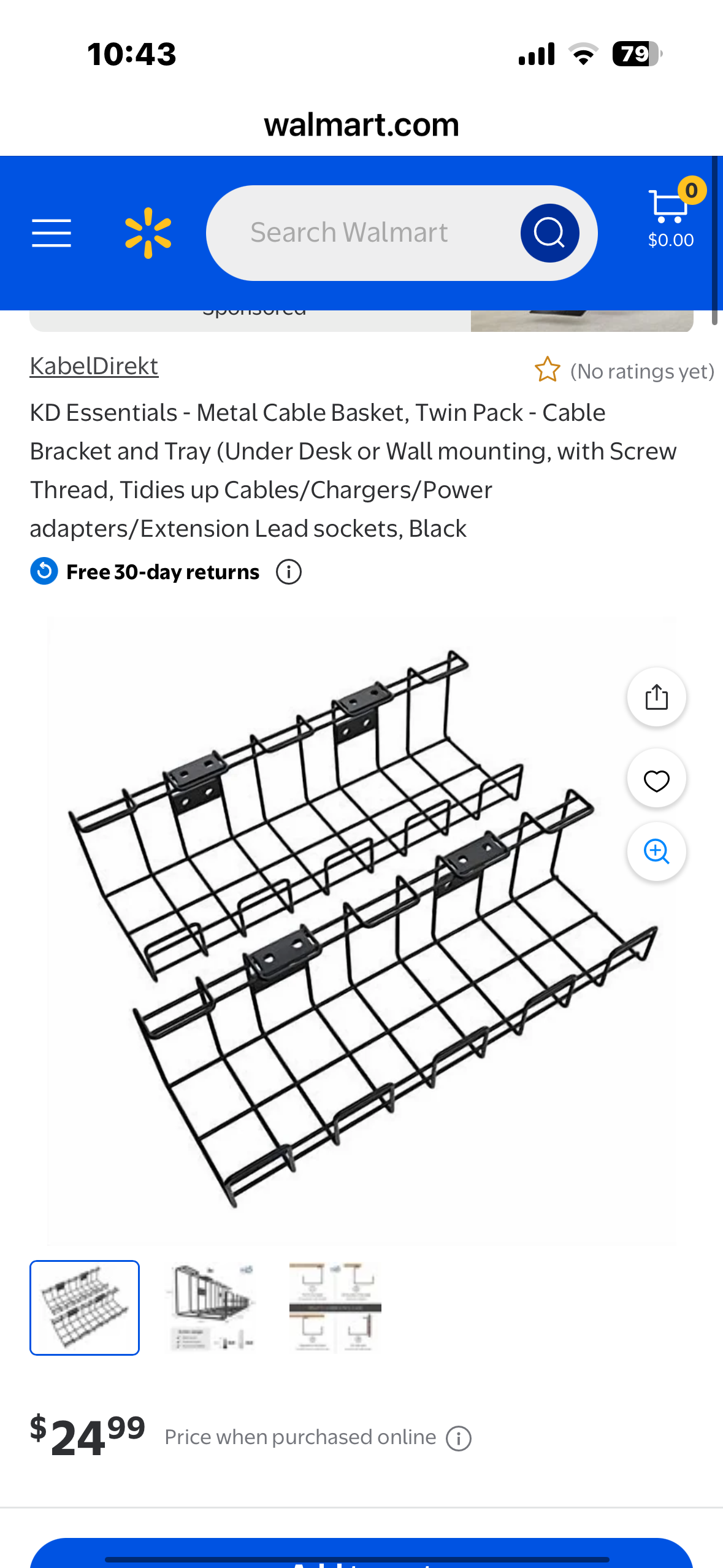 KF ESSENTIALS Metal Cable Basket, Twin Pack, Cable Bracket and Tray (Under Desk or Wall mounting, with Screw Thread, Tidies up Cables/Chargers/Power adapters/Extension Lead sockets (Black)