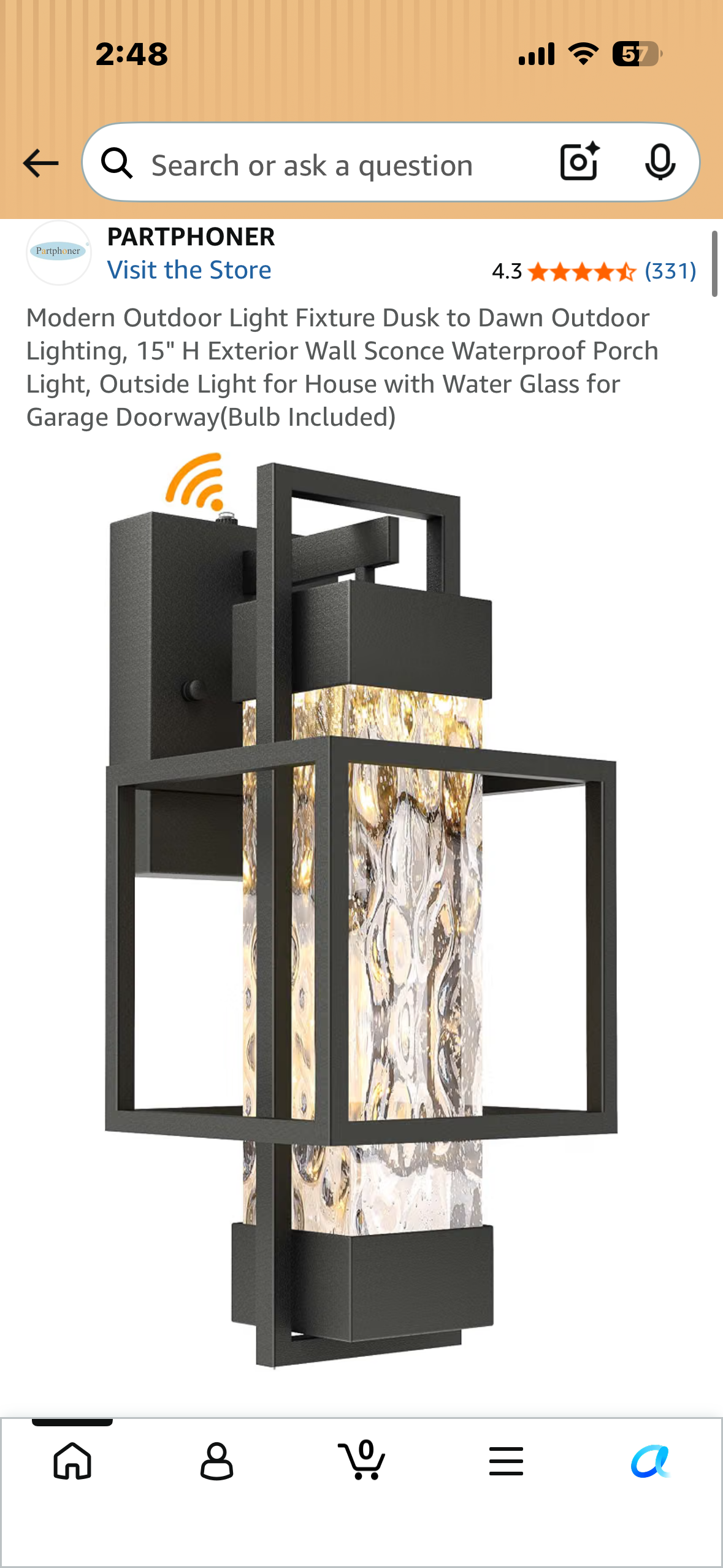 Modern Outdoor Light Fixture, Dusk to Dawn Outdoor Lighting, 15" H Exterior Wall Sconce, Waterproof Porch Light, Outside Light for House with Water Glass for Garage Doorway(Bulb Included)