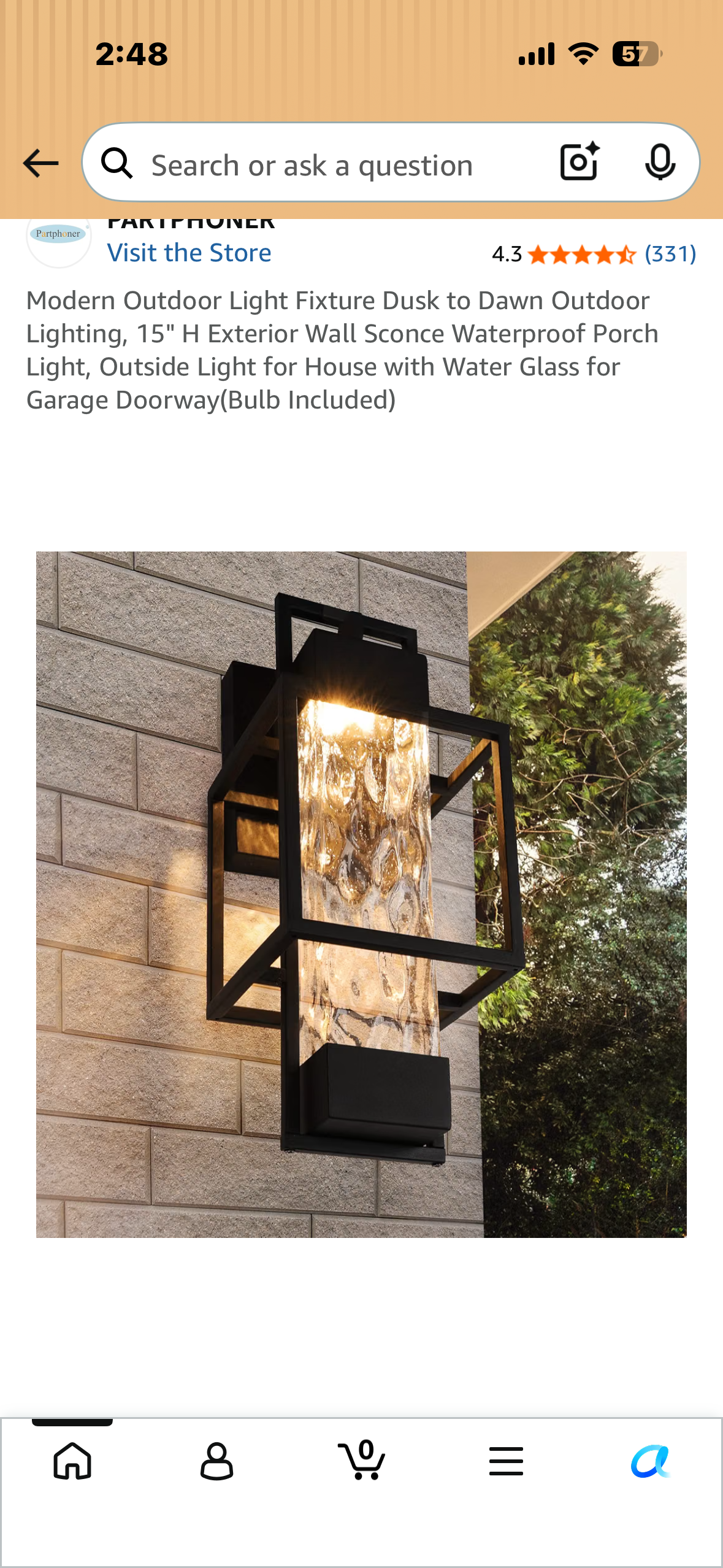 Modern Outdoor Light Fixture, Dusk to Dawn Outdoor Lighting, 15" H Exterior Wall Sconce, Waterproof Porch Light, Outside Light for House with Water Glass for Garage Doorway(Bulb Included)