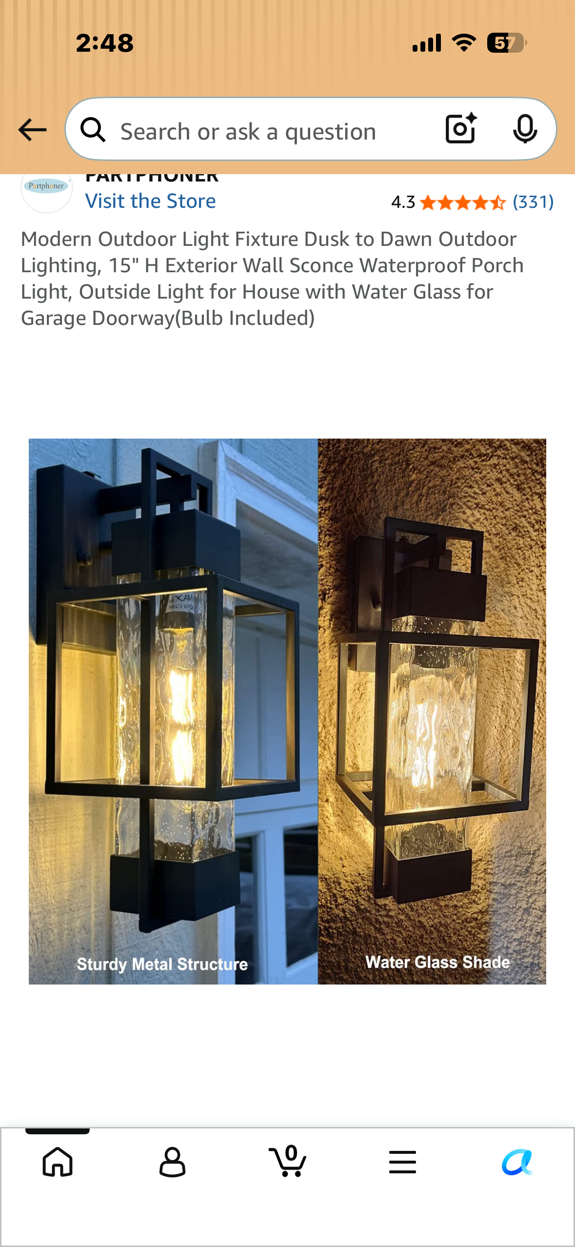 Modern Outdoor Light Fixture, Dusk to Dawn Outdoor Lighting, 15" H Exterior Wall Sconce, Waterproof Porch Light, Outside Light for House with Water Glass for Garage Doorway(Bulb Included)